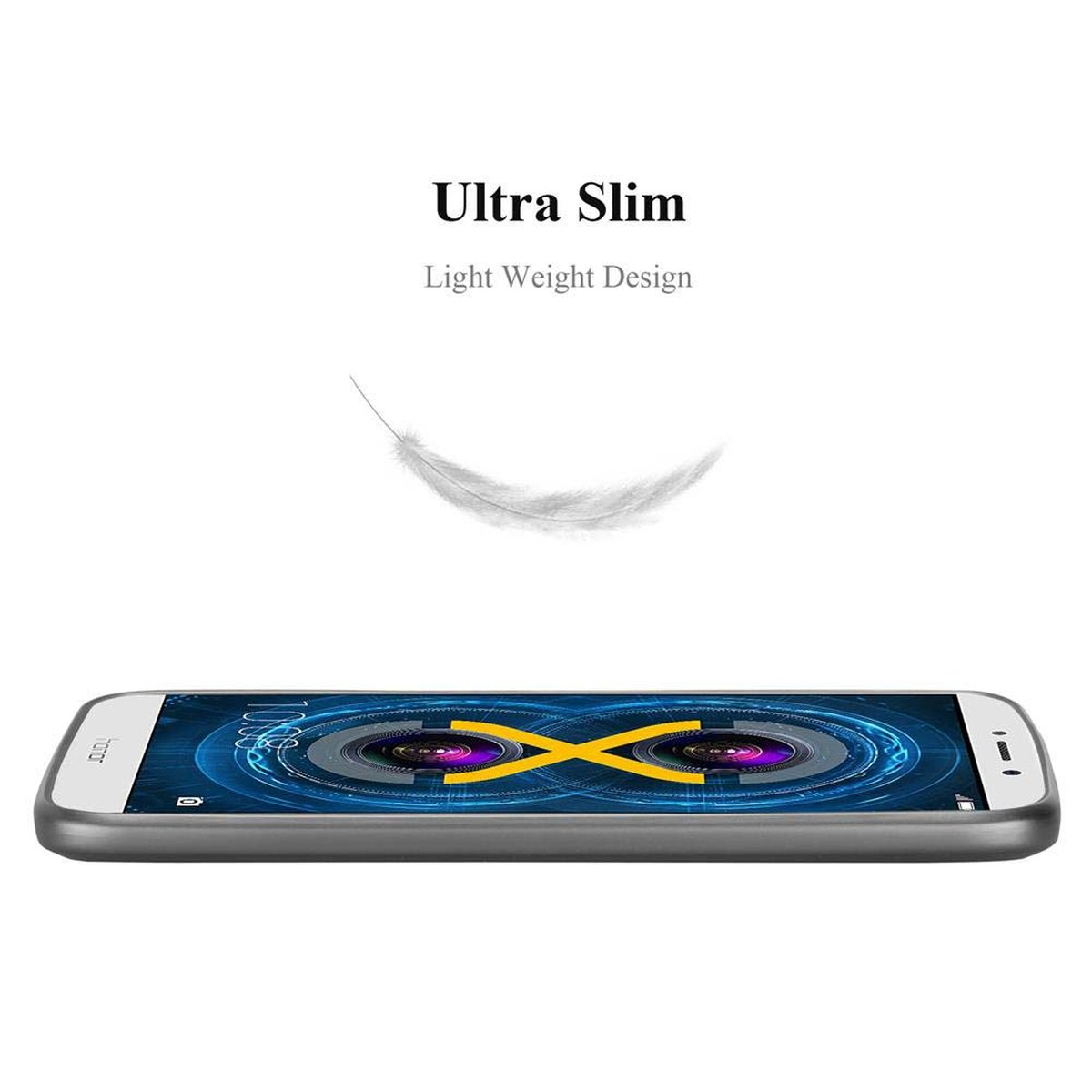Un telefono sottile con lo schermo rivolto verso l'alto. C'è una piuma sopra il telefono, con il testo 'Ultra Slim'.