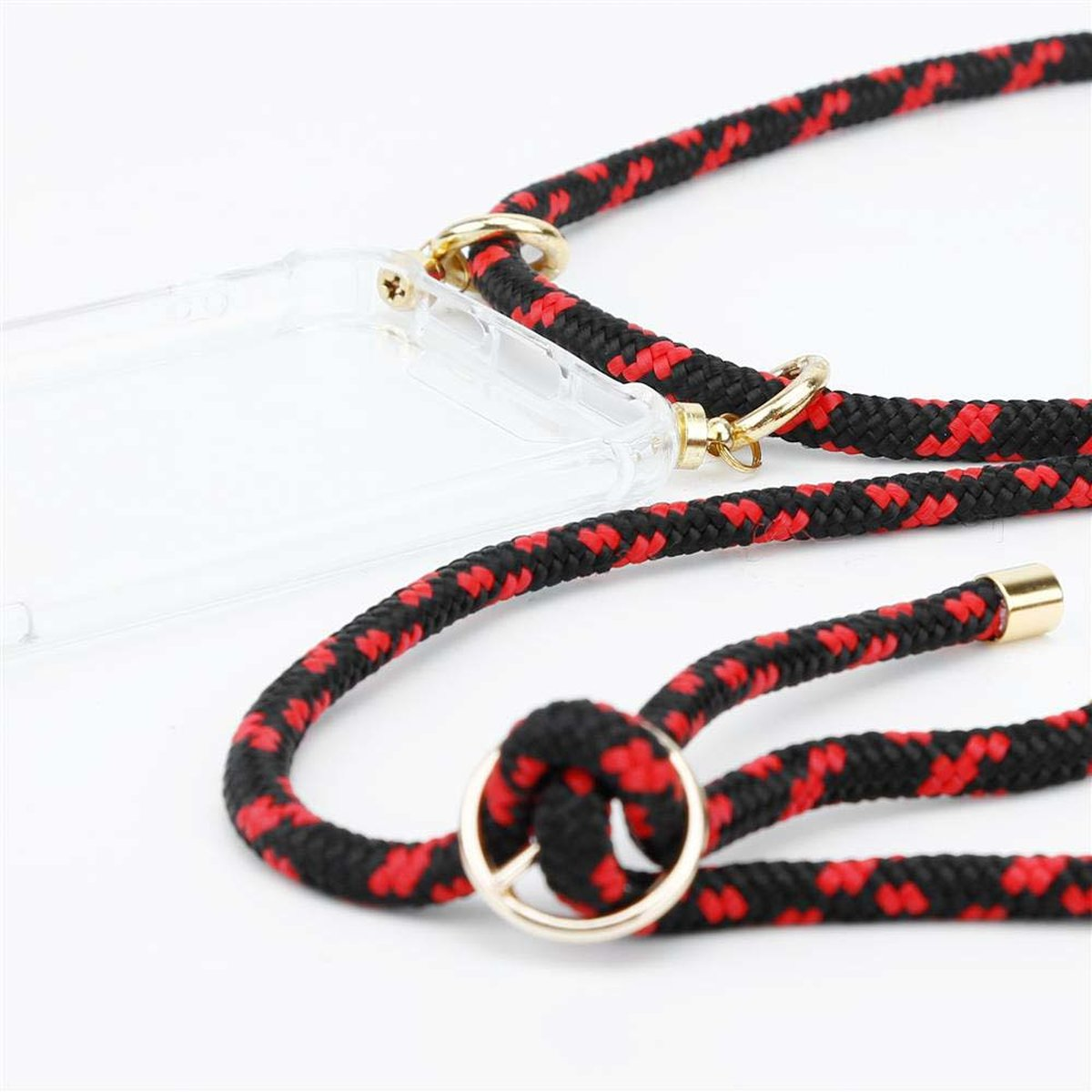 Un cinturino per custodia del telefono con un design nero e rosso con accenti dorati. Il cinturino è su sfondo bianco.
