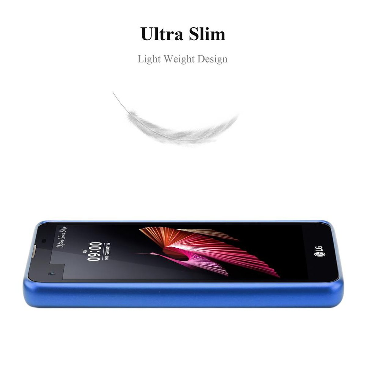 Custodia per telefono blu con telefono. Un grafico a forma di piuma è sopra il telefono.