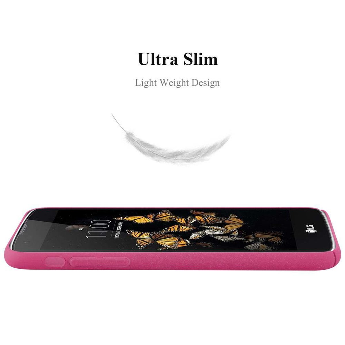 Telefono rosa in custodia rosa, con illustrazione di una piuma e l'ora.