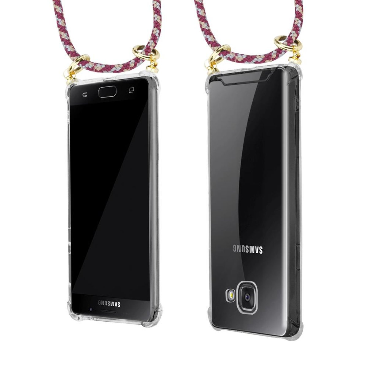 CADORABO Handy Kette mit Kordel Hülle, Gold A5 WEIß Backcover, Samsung, Galaxy Band 2016, und ROT abnehmbarer GELB Ringen