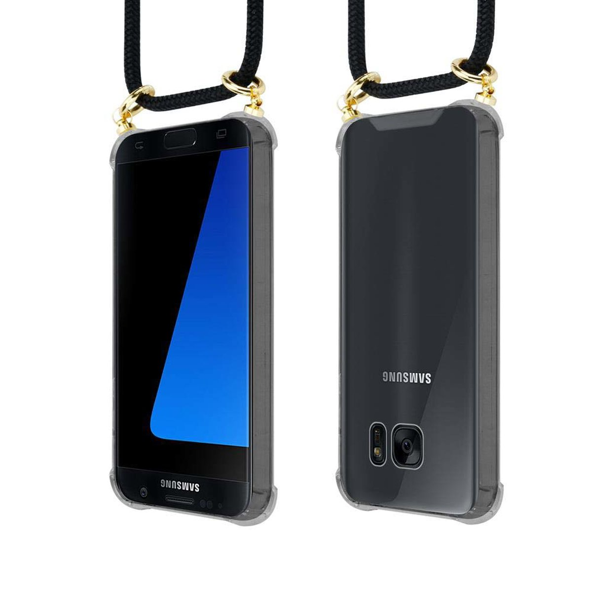 CADORABO Handy Kette mit S7 Gold EDGE, abnehmbarer Galaxy Samsung, Backcover, SCHWARZ Kordel Hülle, und Ringen, Band