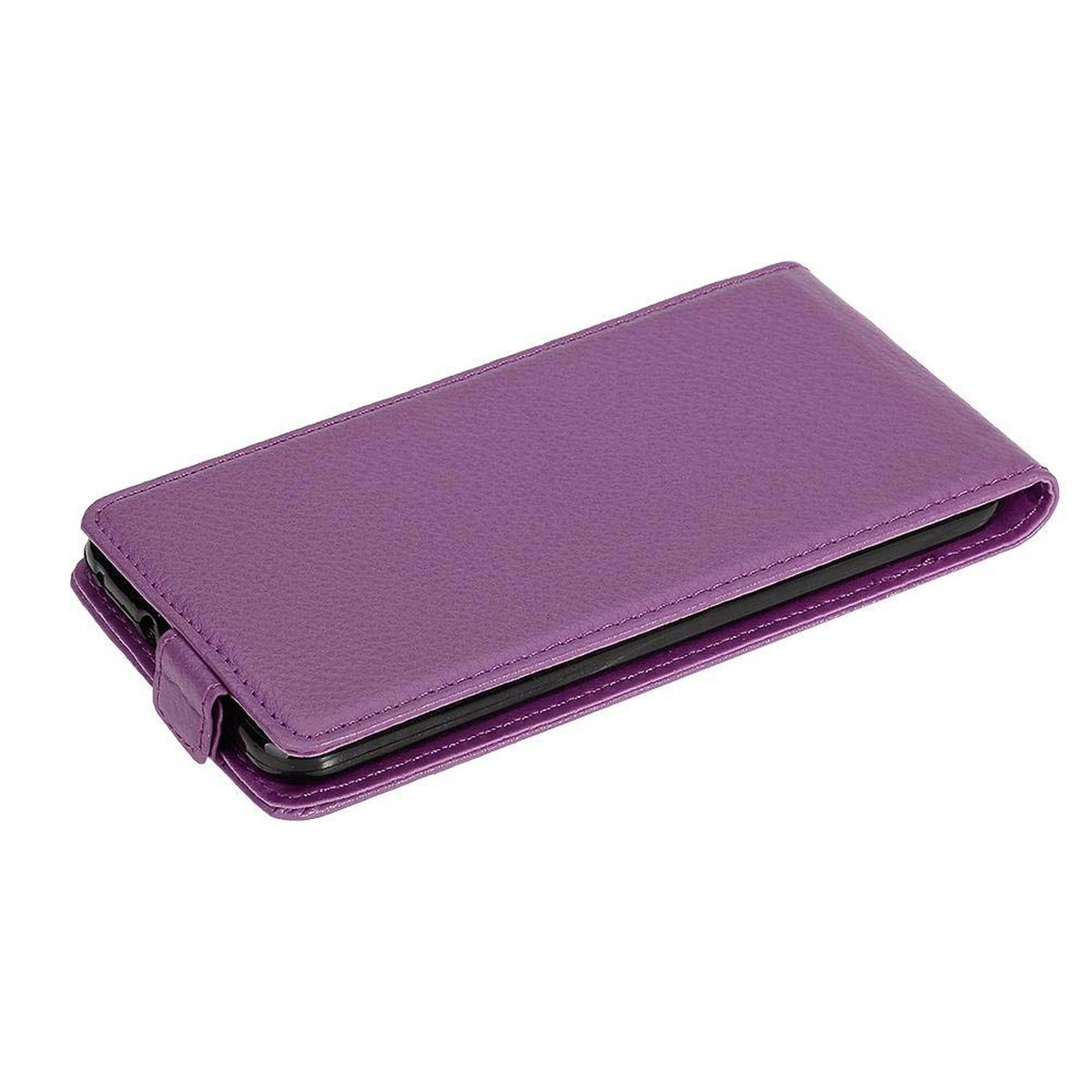 Custodia per telefono in pelle viola. Chiusa, con chiusura magnetica, che mostra il telefono all'interno.