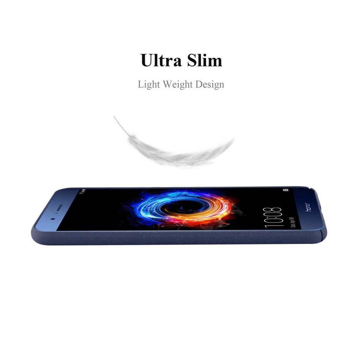 Telefono blu su sfondo bianco. Una piuma fluttua sopra.