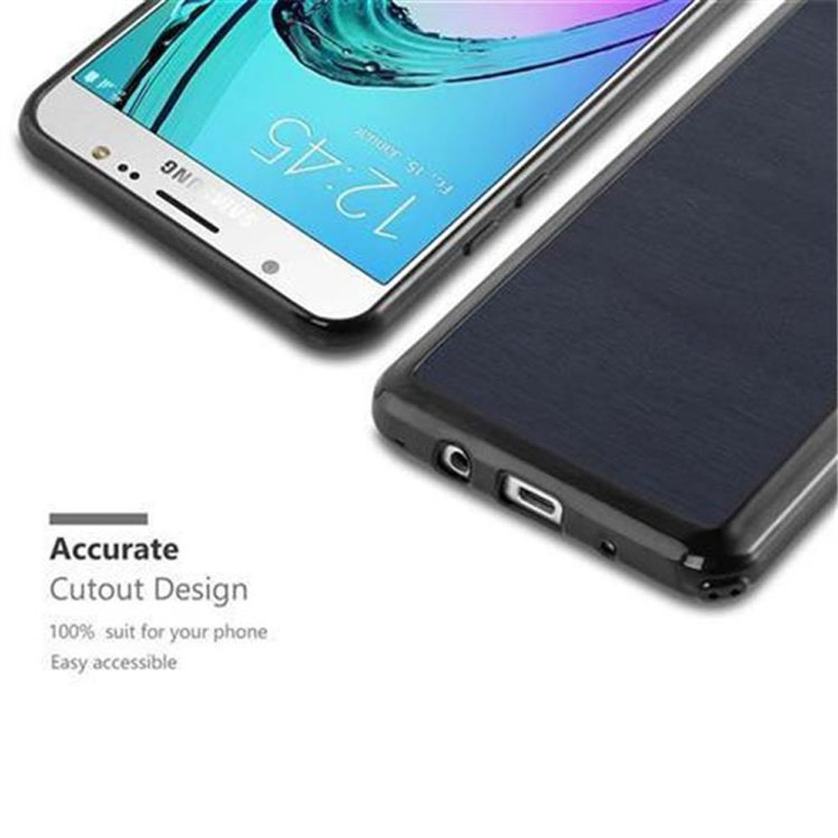 Un telefono con custodia, che mostra lo schermo e la custodia con un design di taglio preciso per un facile accesso.