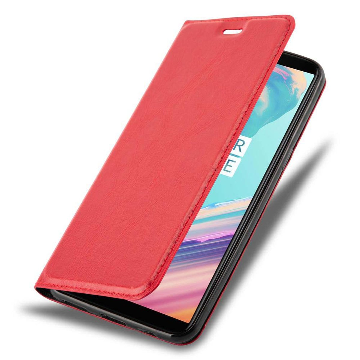 OnePlus, CADORABO Hülle APFEL Invisible Bookcover, ROT Magnet, Book 5T,