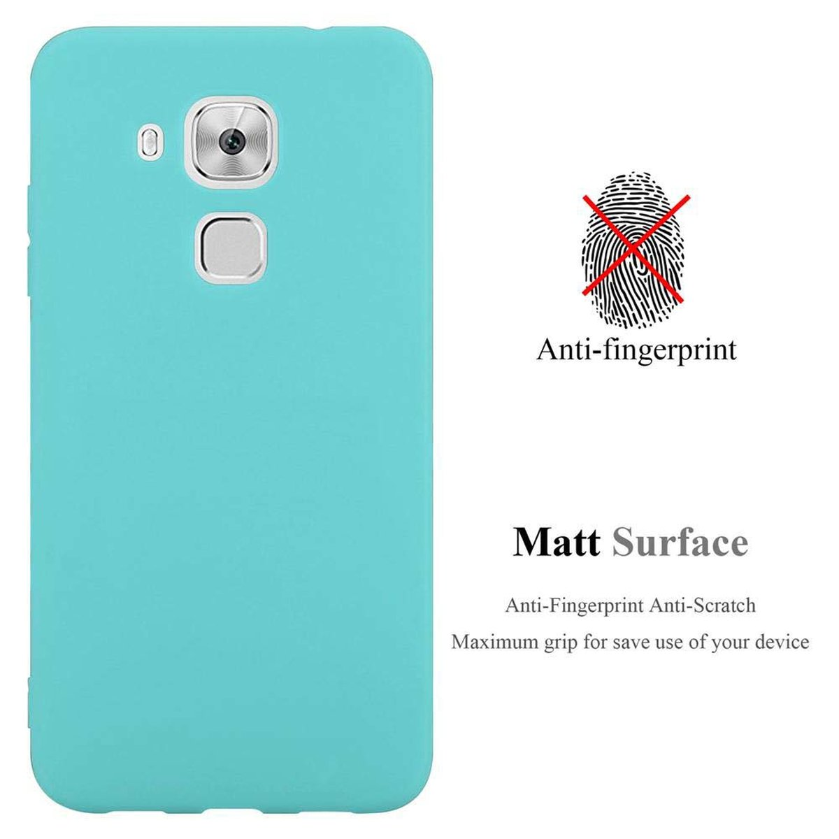 Una custodia per telefono azzurra con un ritaglio per la fotocamera. La custodia ha una superficie opaca ed è anti-impronta.