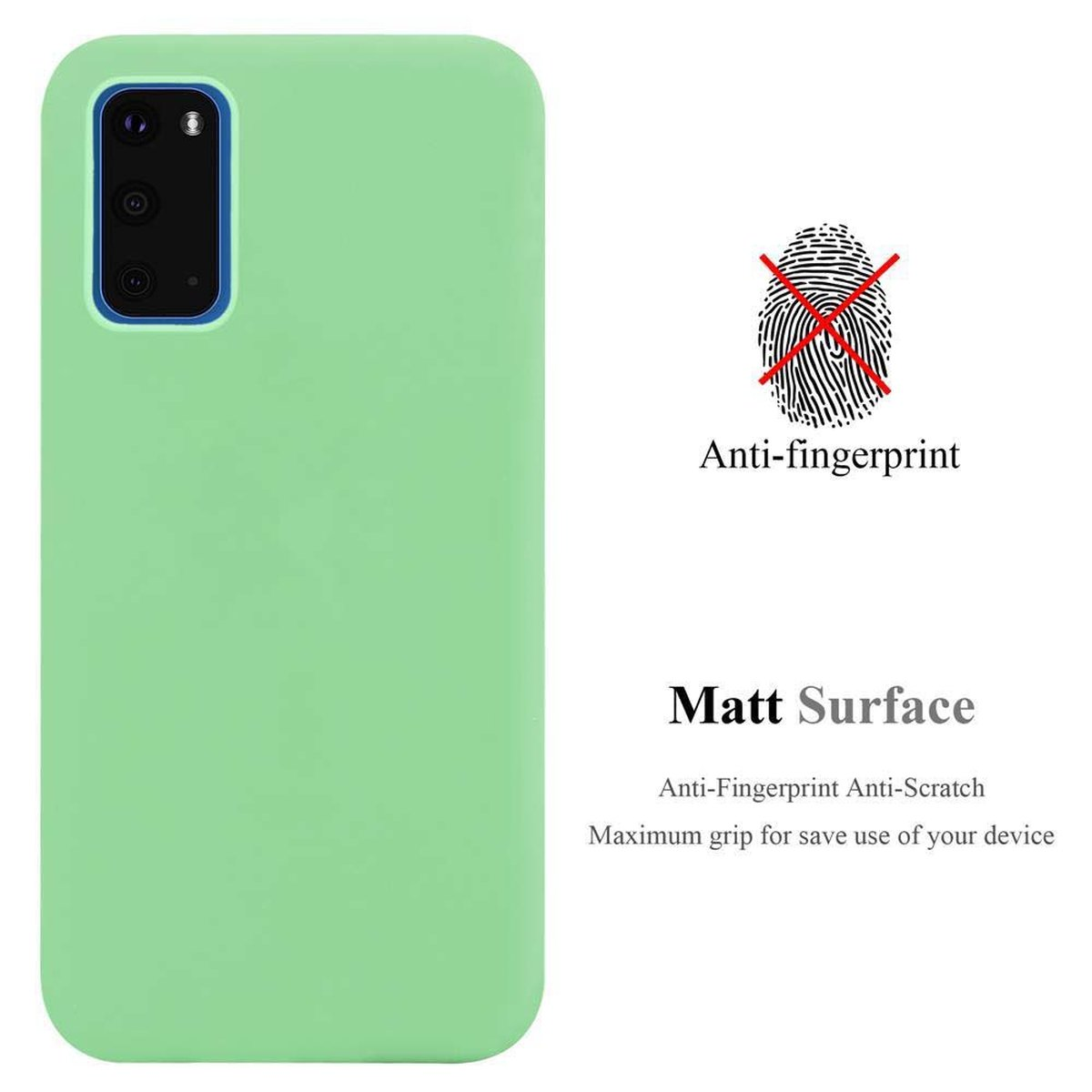 Una custodia per telefono verde chiaro con superficie opaca. Vengono evidenziate le caratteristiche anti-impronte e antigraffio.