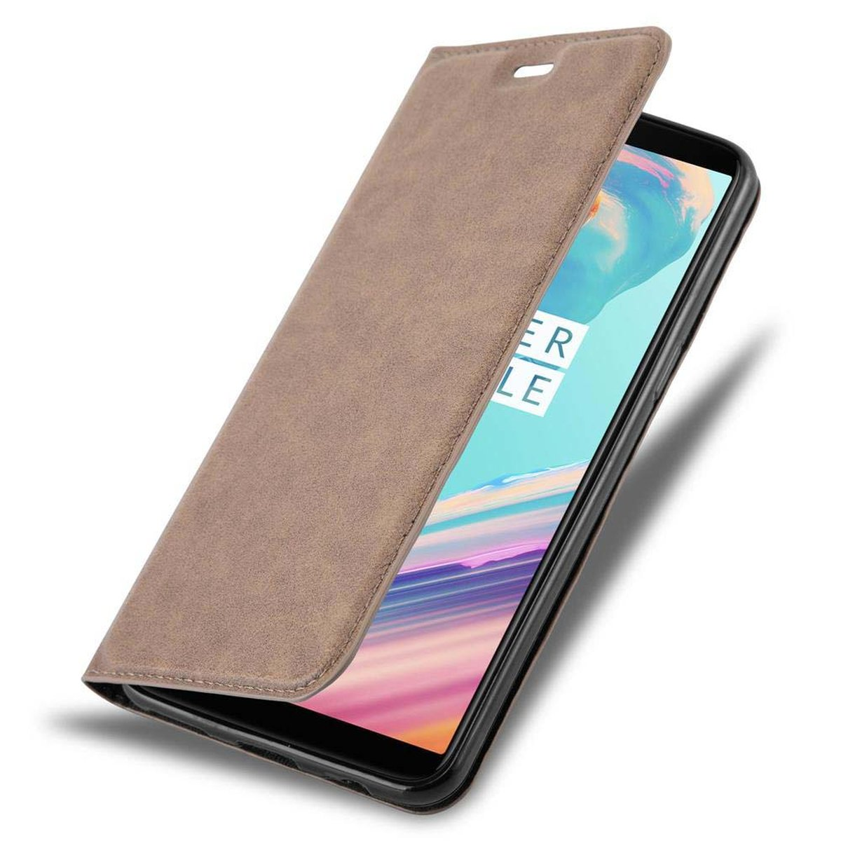 OnePlus, Magnet, Book BRAUN Invisible KAFFEE 5T, CADORABO Hülle Bookcover,