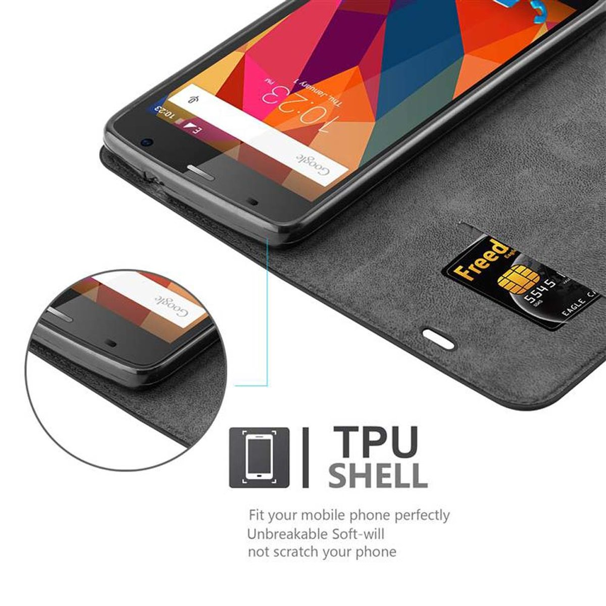 Un teléfono está en una funda. Una tarjeta de crédito es visible adentro.