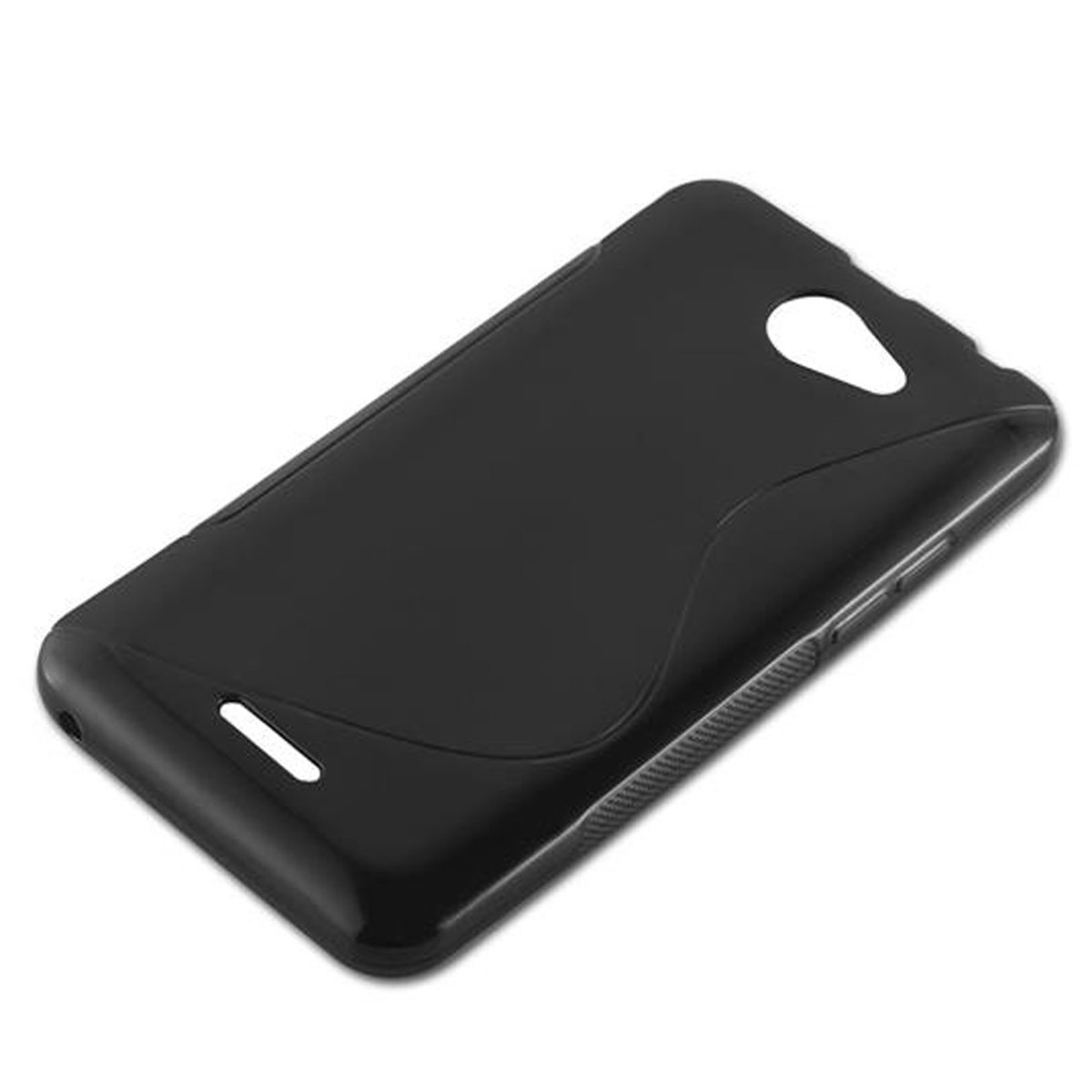 Custodia per telefono nera su sfondo bianco, design semplice, foro fotocamera.