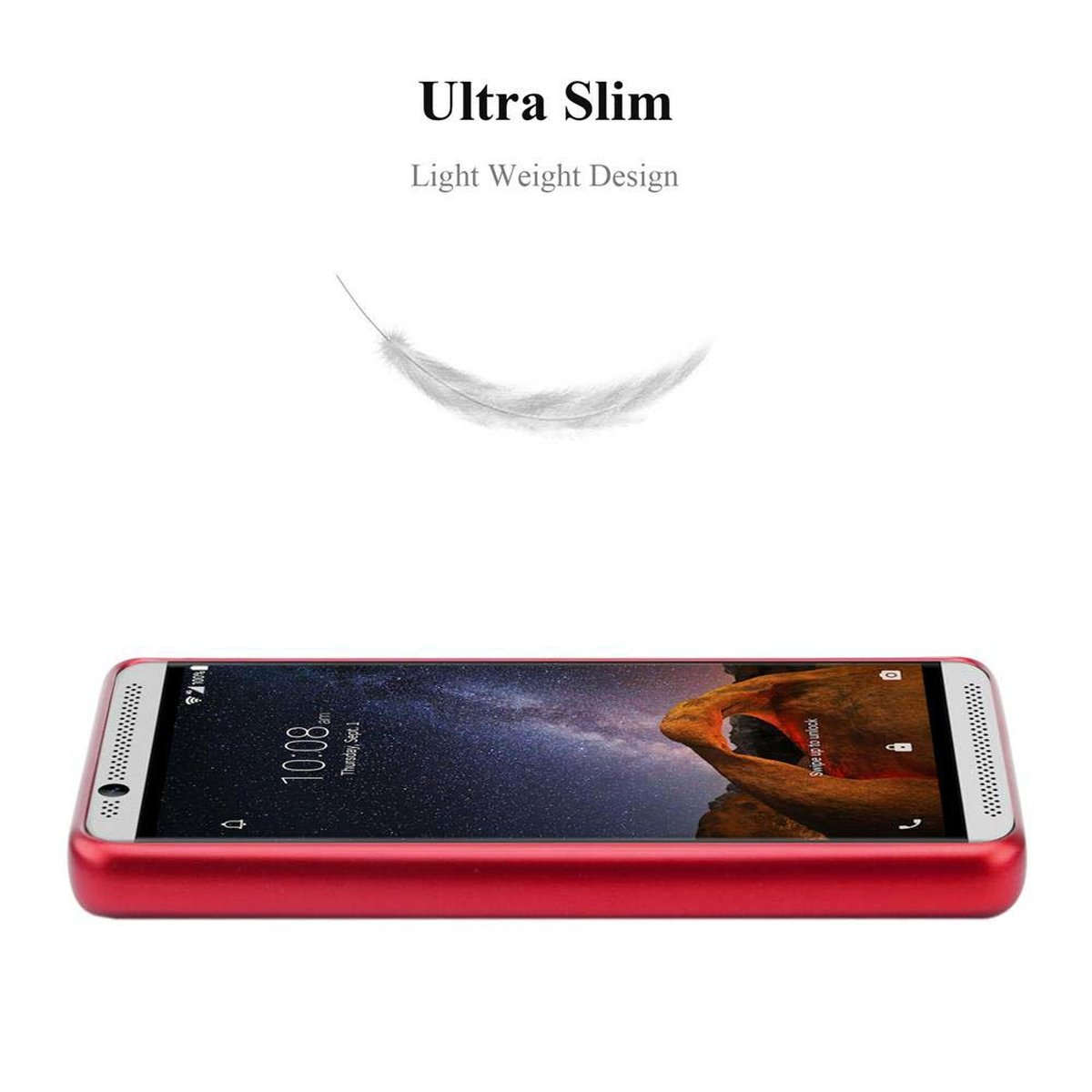 Schlankes Telefon mit Federgrafik und Text 'Ultra Slim, Light Weight Design', zeigt ein Galaxienbild.