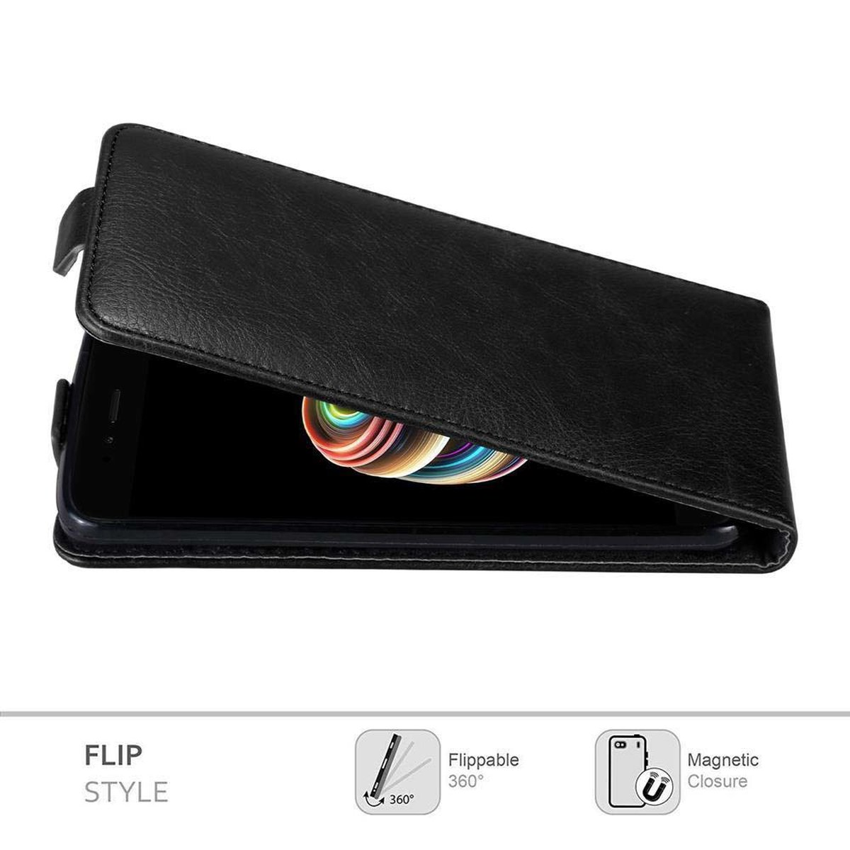 Custodia per telefono in pelle nera con coperchio a ribalta aperto, che rivela uno schermo del telefono. Icone e testo visibili.