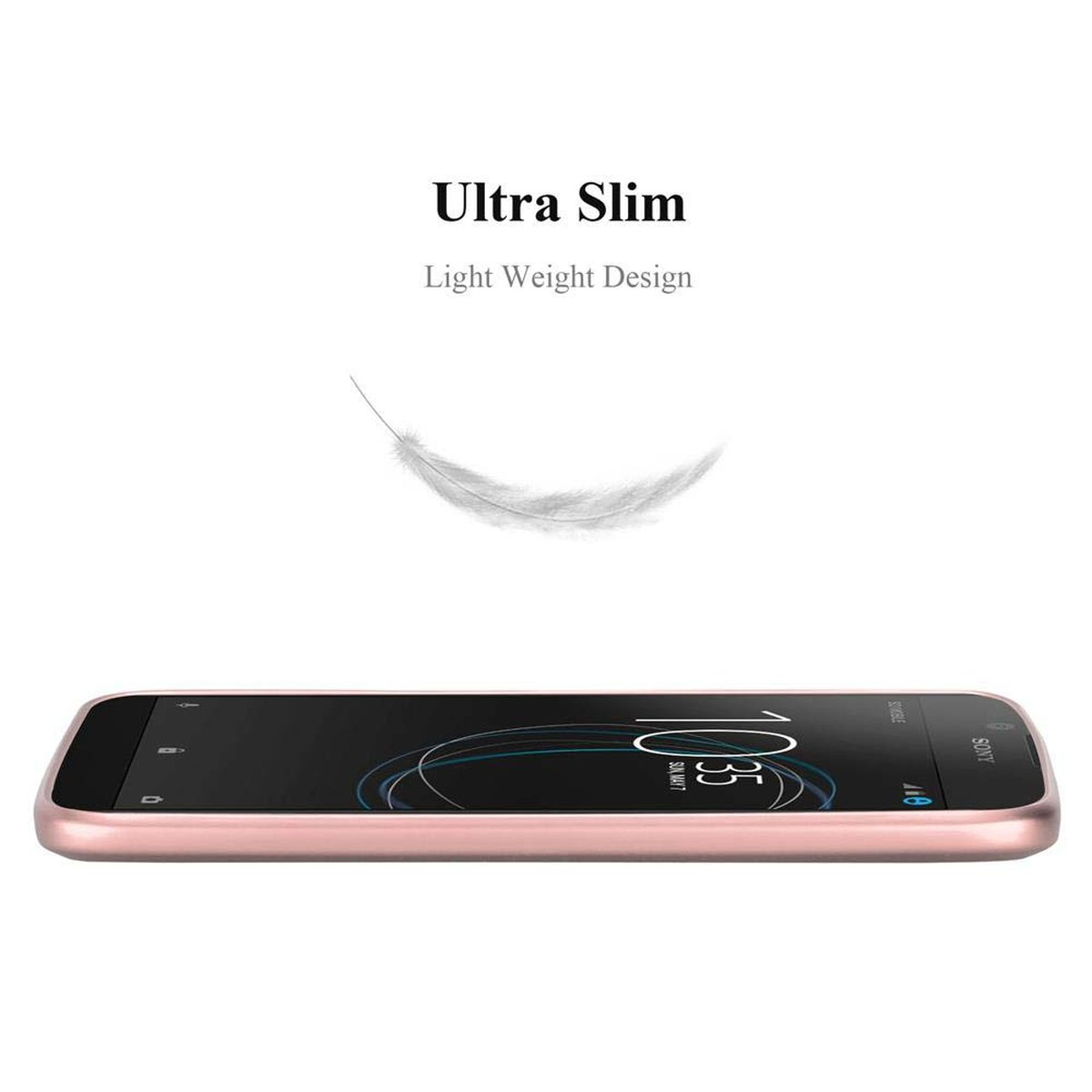 Un telefono oro rosa su una superficie bianca. Un grafico a forma di piuma è sopra. Il testo dice 'Ultra Slim' e 'Light Weight Design'.