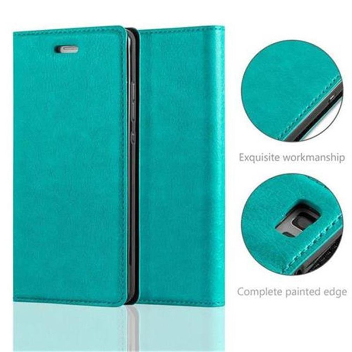 Funda de teléfono verde azulado abierta, mostrando el interior con detalles del borde.