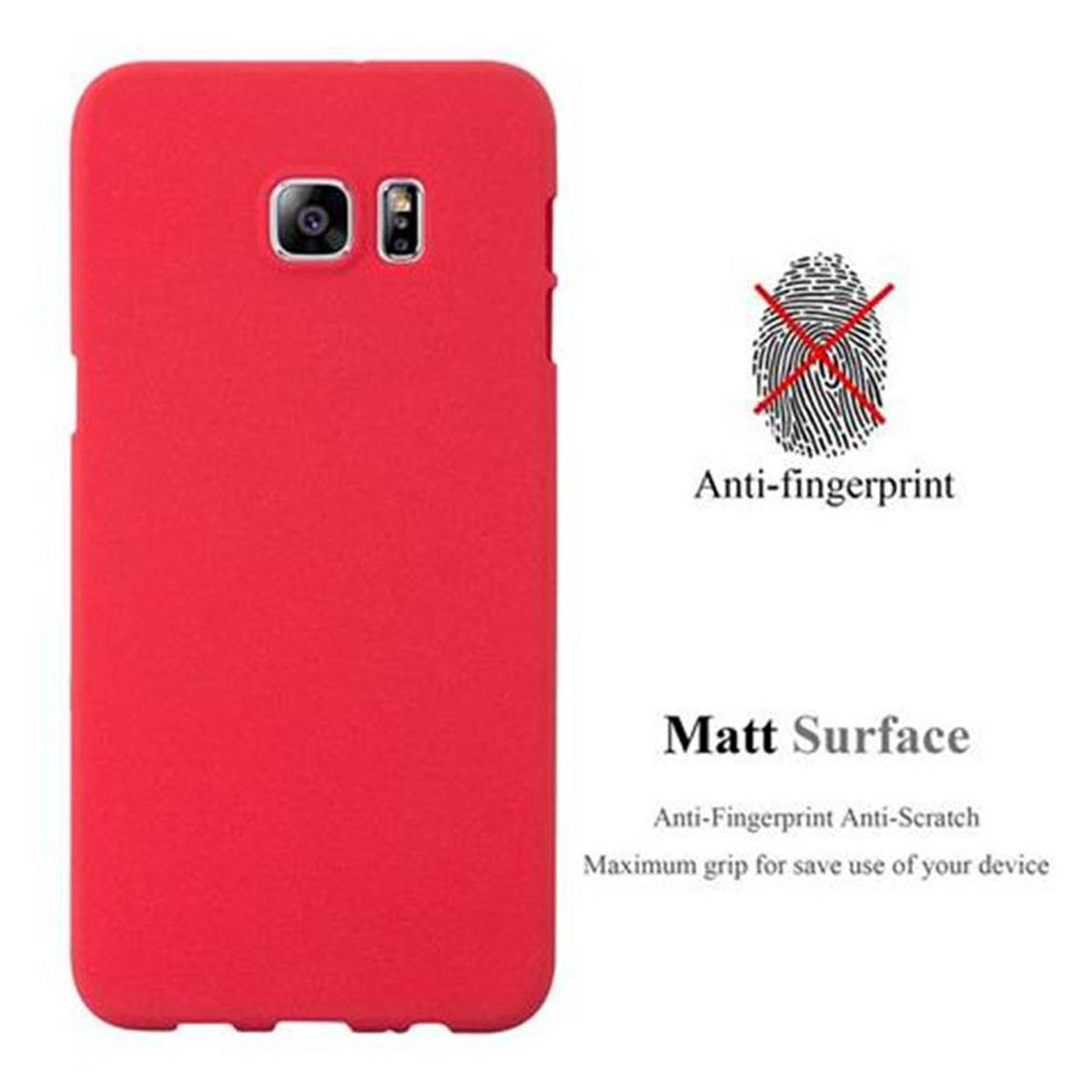 Custodia per telefono rossa con caratteristiche anti-impronta e superficie opaca, con testo correlato.