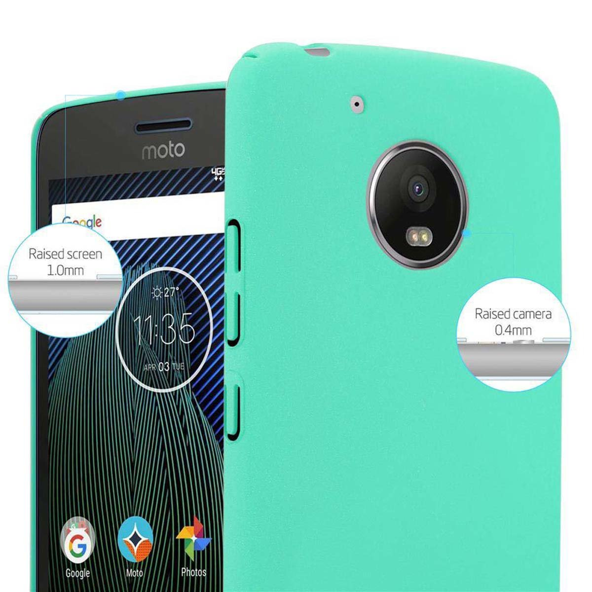 Telefono verde in custodia, con dettagli schermo e fotocamera rialzati, icone Google, Moto e Foto.