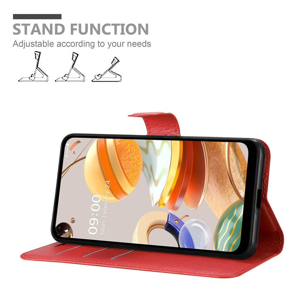 Custodia rossa con telefono che mostra immagine astratta. Testo: "Funzione supporto".