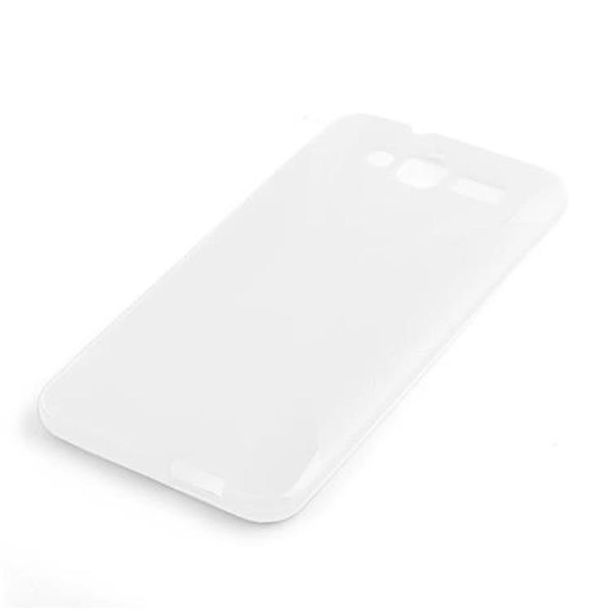 Custodia bianca per telefono con fori per fotocamera e pulsanti, angolata su sfondo bianco.