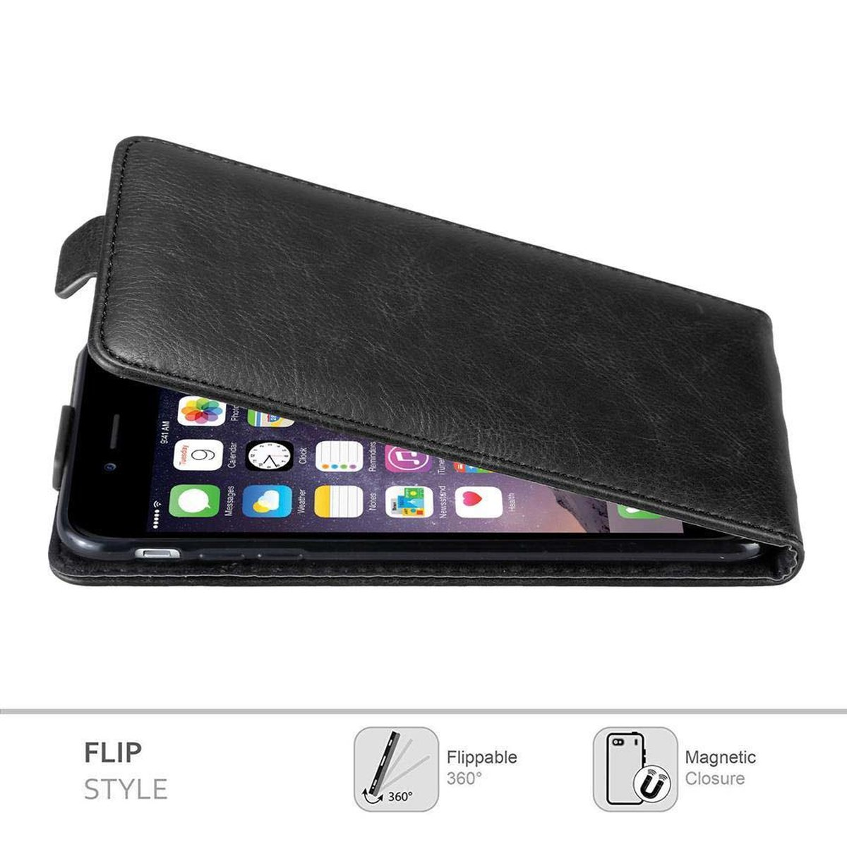 Una custodia per telefono nera aperta, che mostra un telefono con icone di app. Il testo dice Flip Style con chiusura magnetica.
