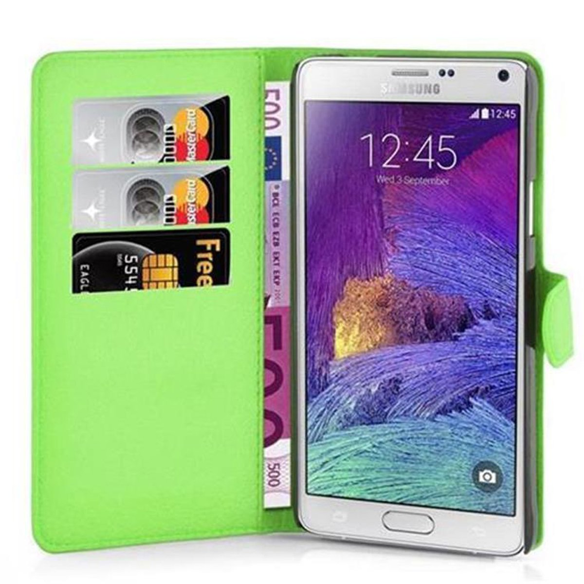 Grüne Brieftasche mit Telefon und Karten.