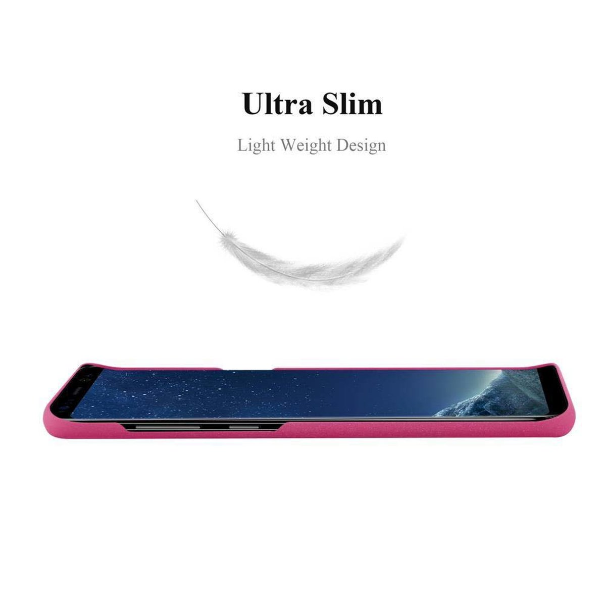 Ein schlankes Telefon mit nach oben gerichtetem Bildschirm. Über dem Telefon befindet sich eine Feder, ein rosa Gehäuse.