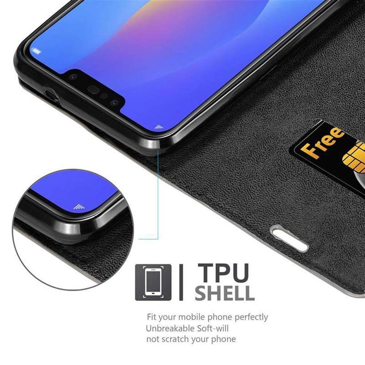 Telefono nero in una custodia nera. Testo: guscio in TPU, si adatta perfettamente, morbido, non graffia.
