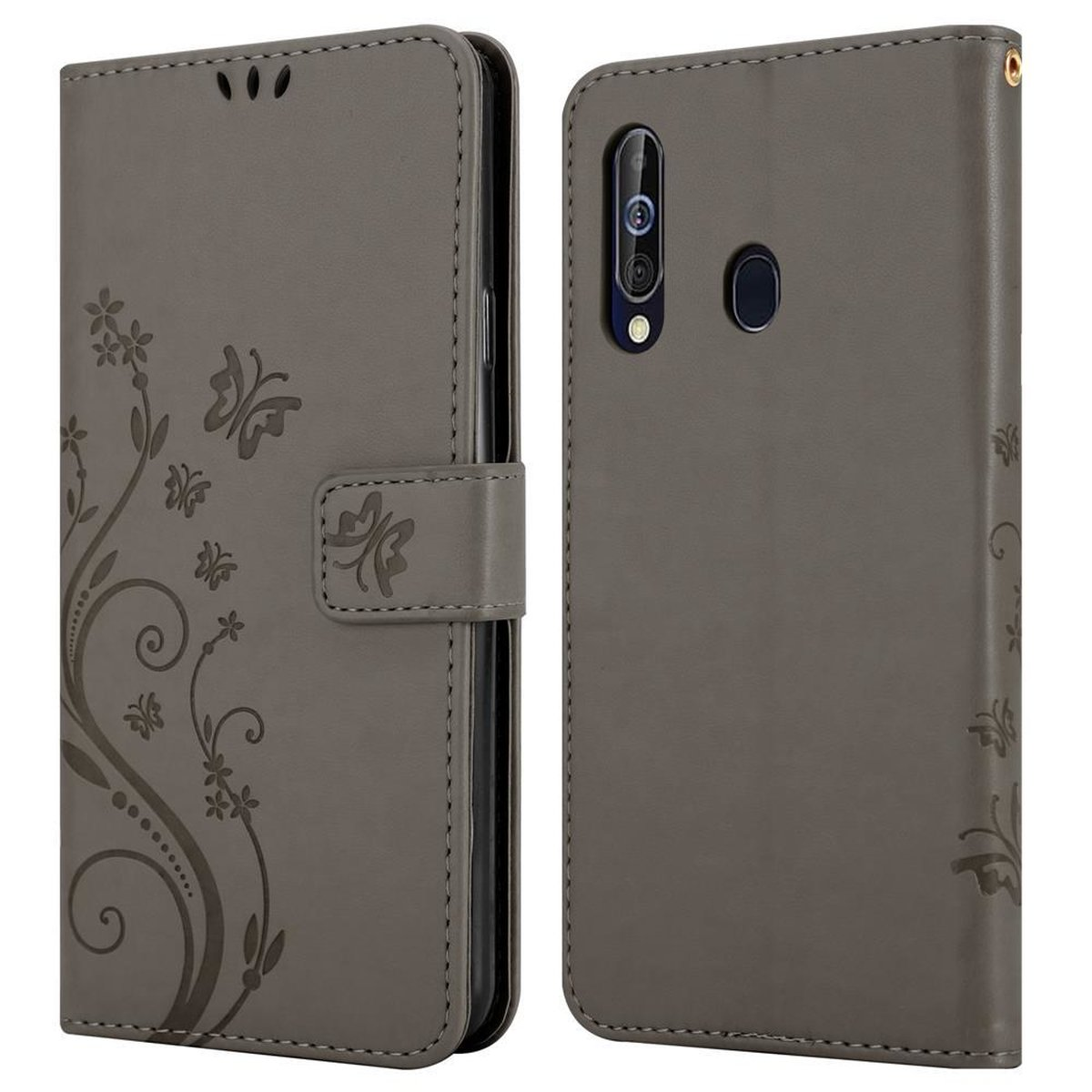 M40, FLORAL Blumen Flower A60 Case, CADORABO Hülle GRAU Bookcover, Muster / Galaxy Samsung,