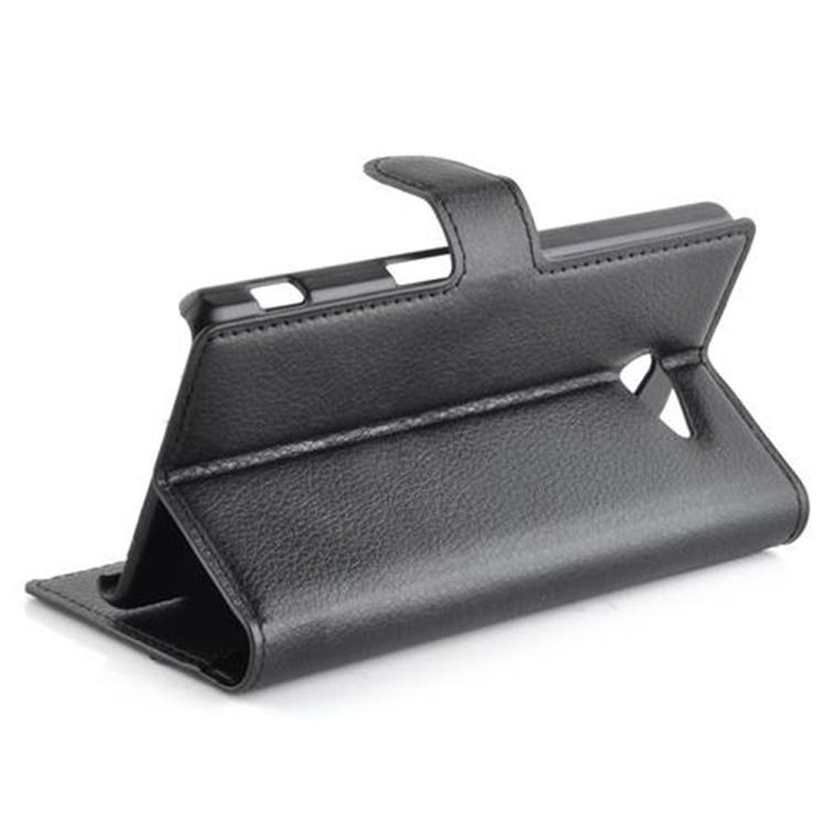 Una funda negra para teléfono con soporte, que muestra el contorno del teléfono.