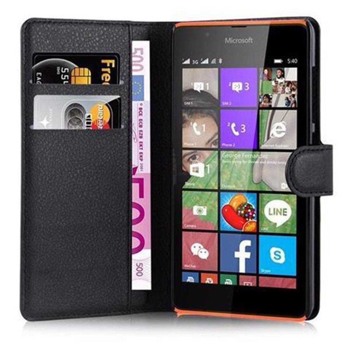 Nokia, PHANTOM CADORABO SCHWARZ Hülle Bookcover, Book Standfunktion, Lumia 540,