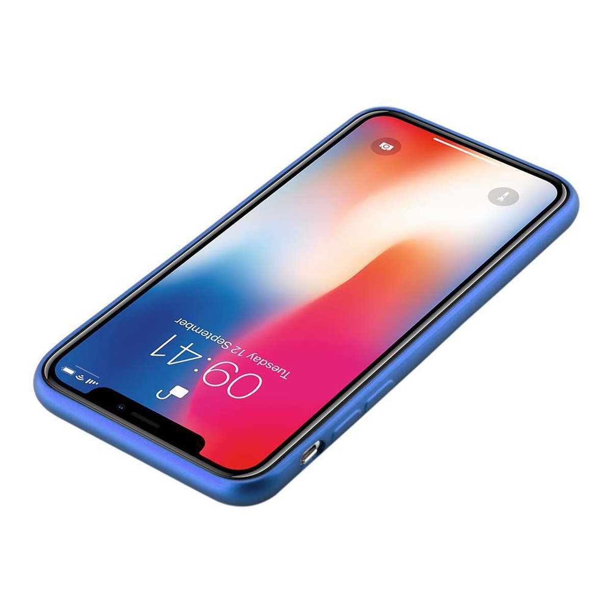 Un telefono con custodia blu che mostra uno schermo. L'ora è 09:41.
