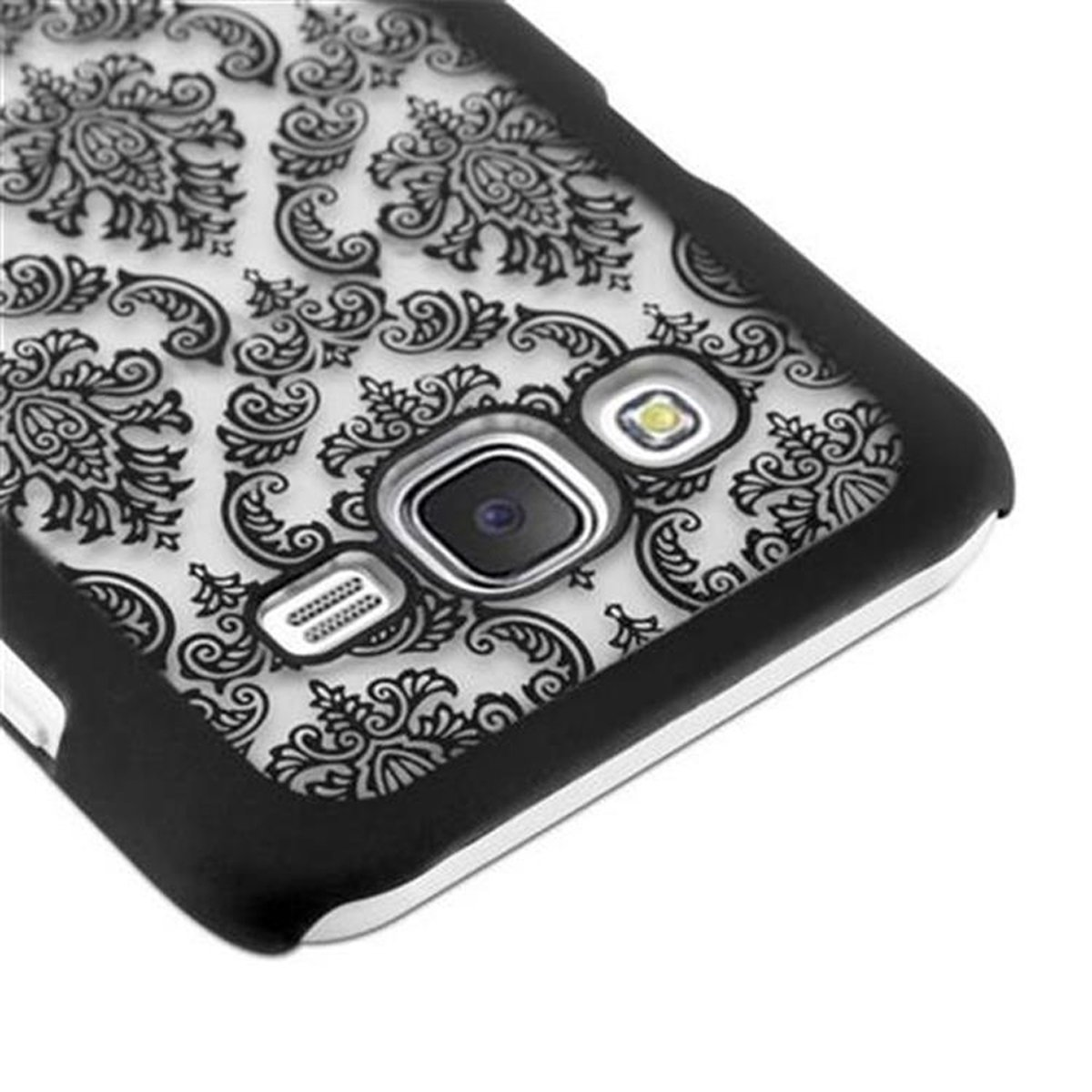 CADORABO Hülle Samsung, Henna Case J7 SCHWARZ Paisley Design, Backcover, in 2015, Blumen Galaxy Hard