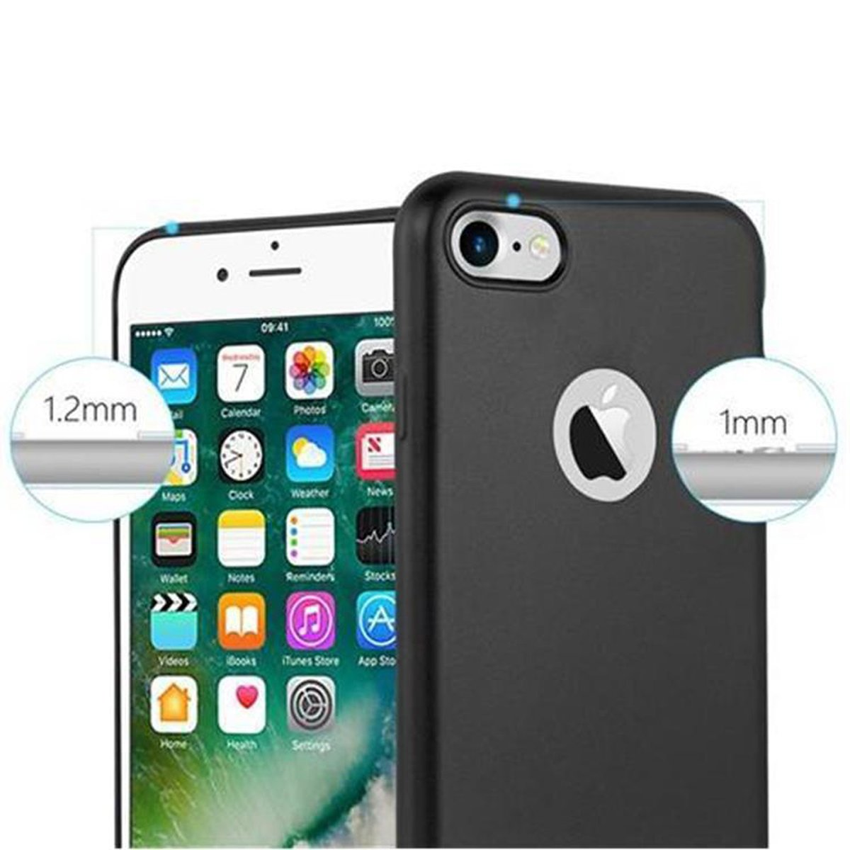 Due telefoni, uno con schermo acceso e uno con retro. Entrambi con custodie. Cerchi blu evidenziano le funzioni.