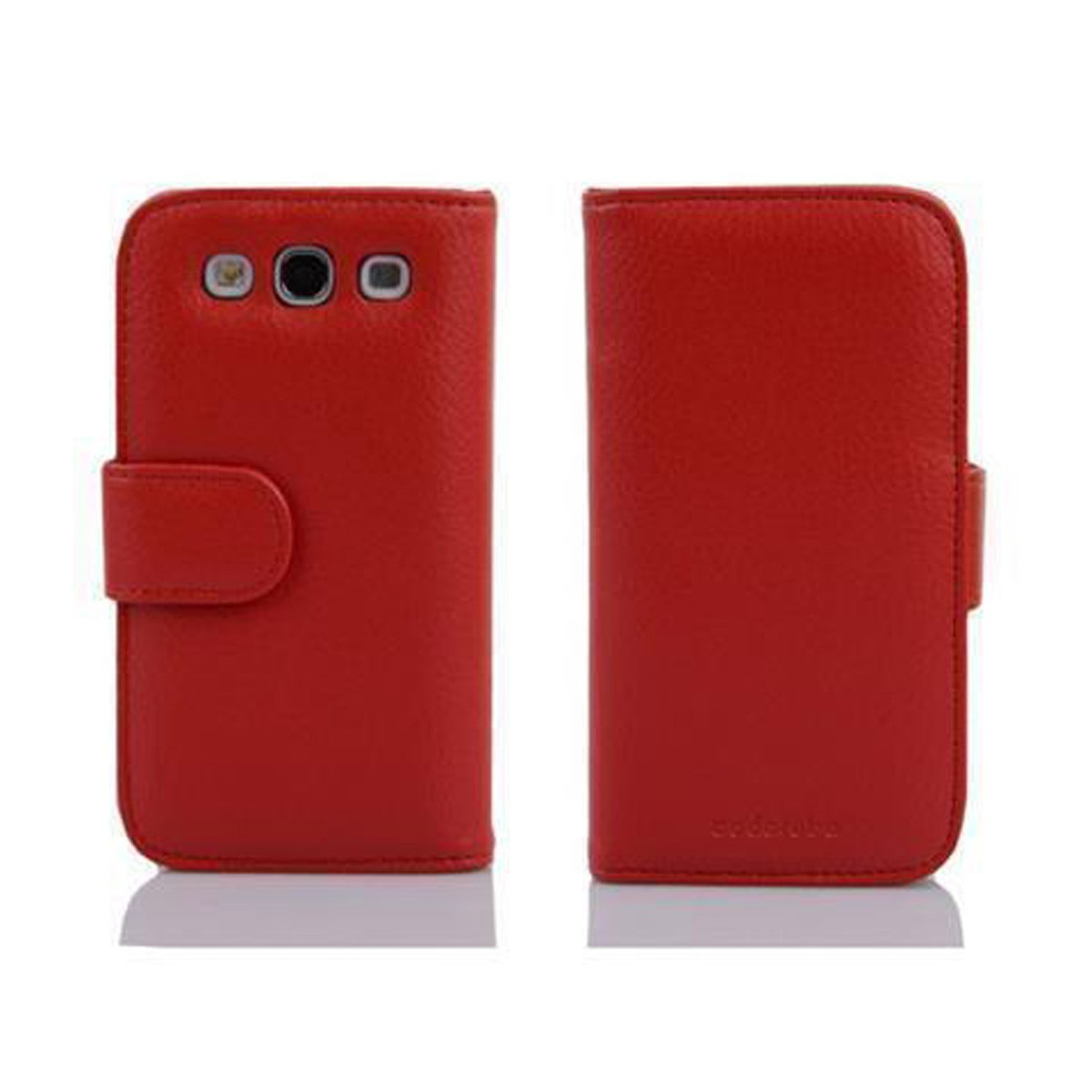 Custodia per telefono in pelle rossa, vista anteriore e posteriore, con ritagli per fotocamera e pulsanti, chiusa da una linguetta.