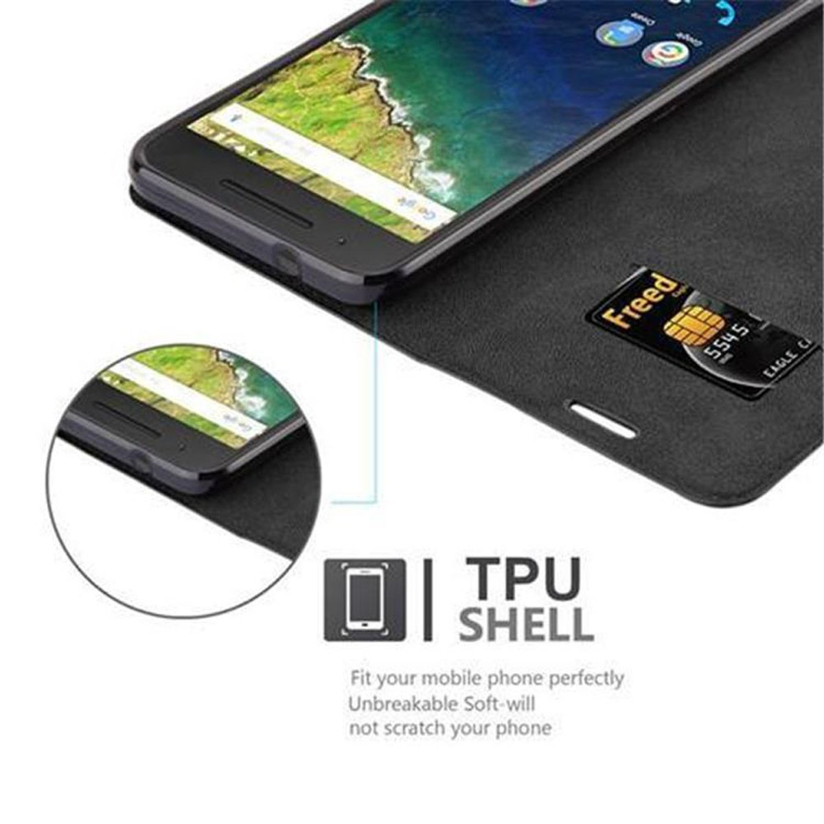 Un teléfono con una funda, mostrando una tarjeta de crédito. Es una carcasa de TPU.