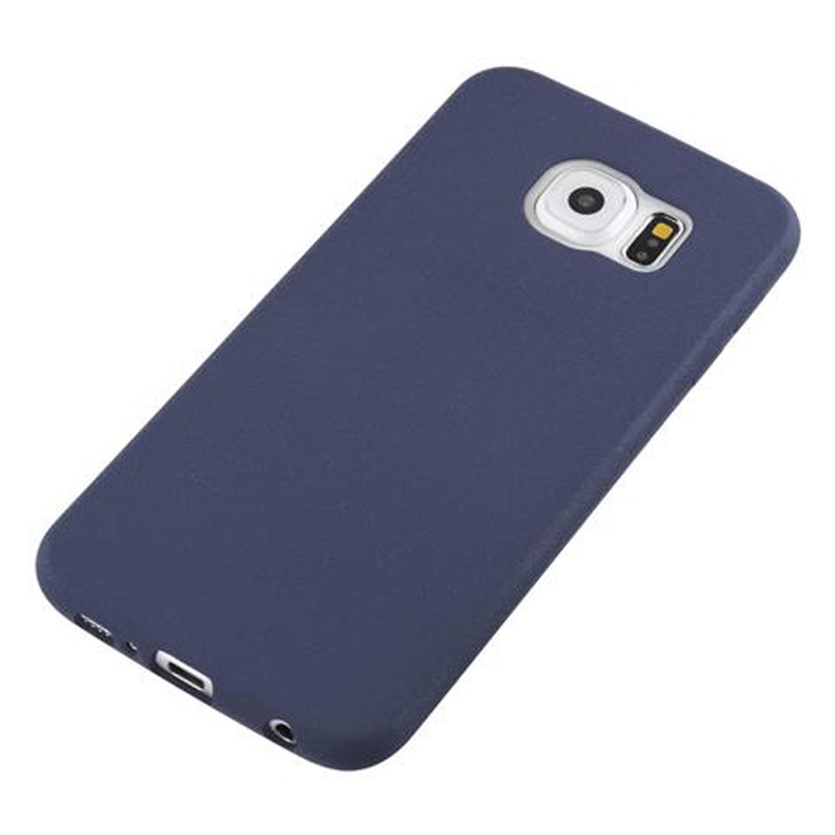 Una custodia per telefono blu navy. La fotocamera e il flash sono visibili sul retro.