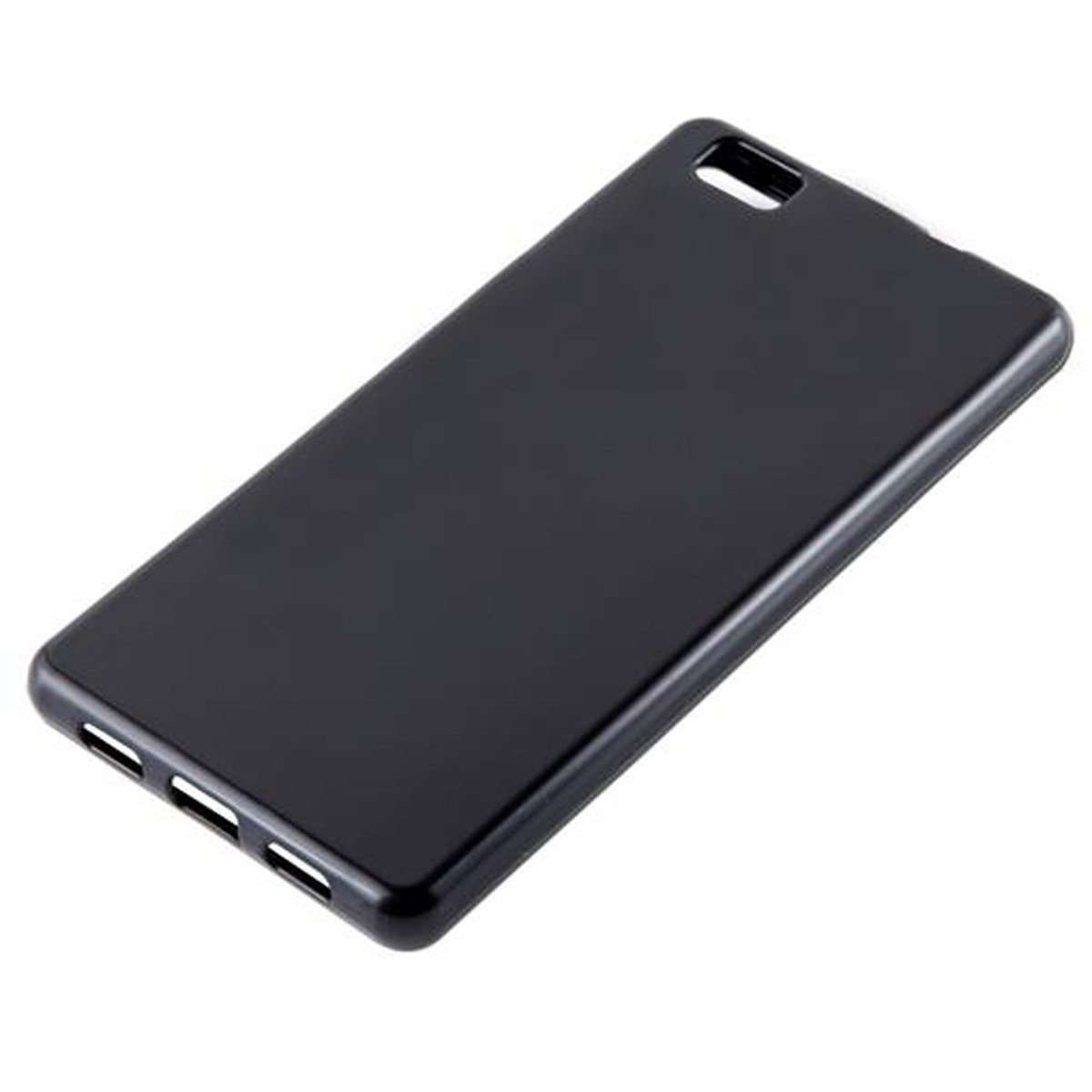 Custodia nera per telefono con fori per le porte, design semplice, isolata su bianco.