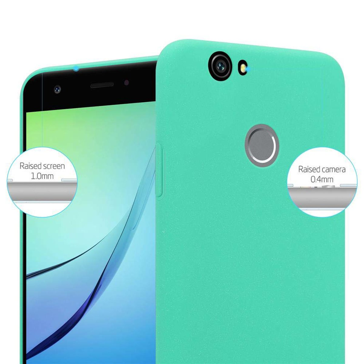 Custodia per telefono verde menta con dettagli di protezione della fotocamera e dello schermo.