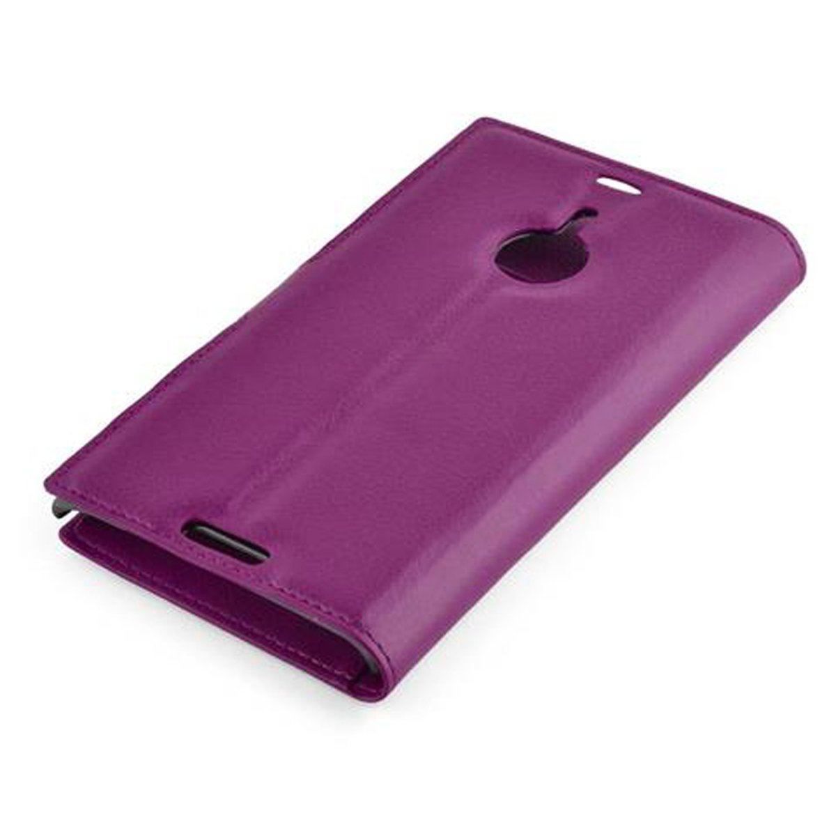 Una custodia per telefono viola, chiusa. Ha ritagli per la fotocamera e l'altoparlante.