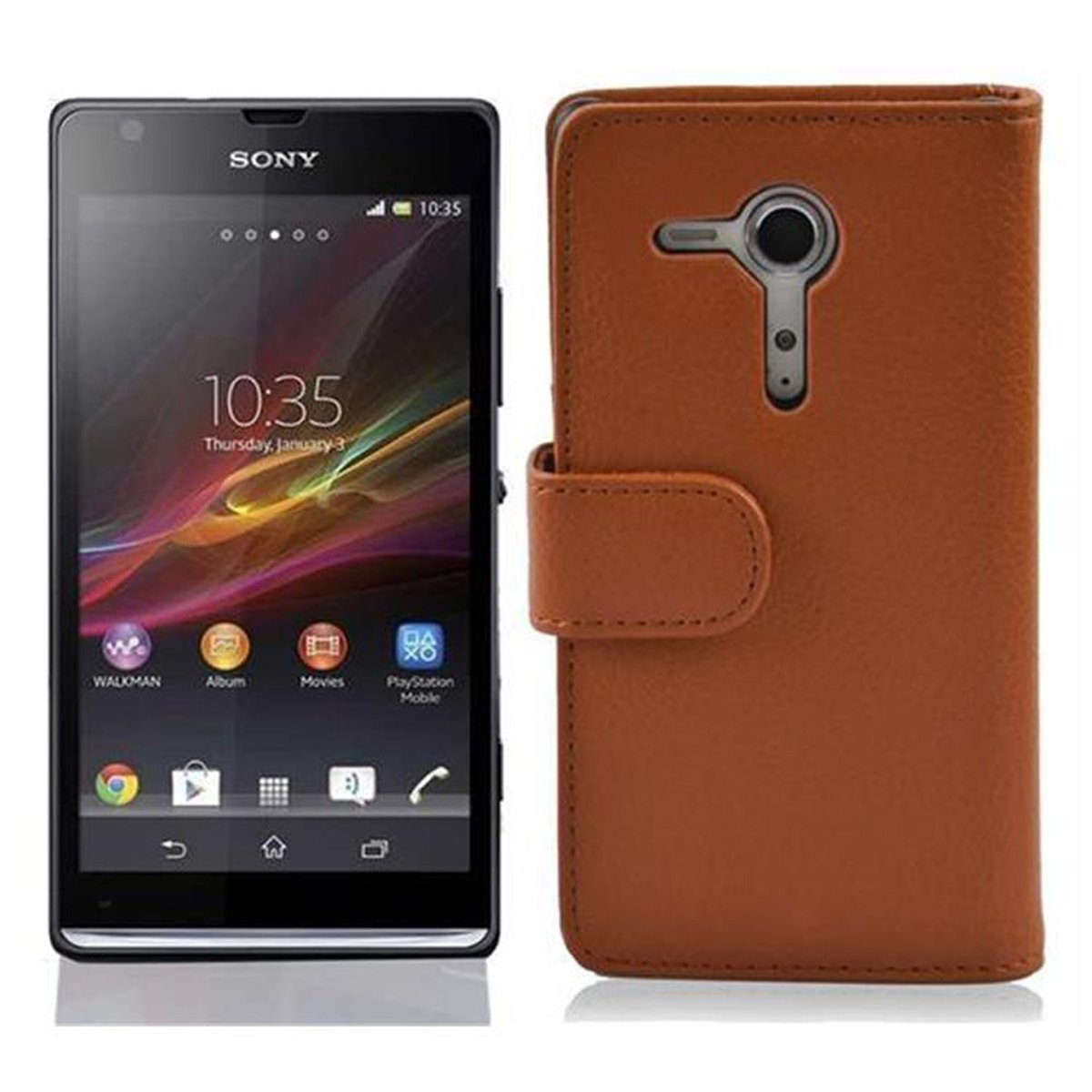 Teléfono Sony negro con funda de cuero marrón. El teléfono muestra la hora e iconos.