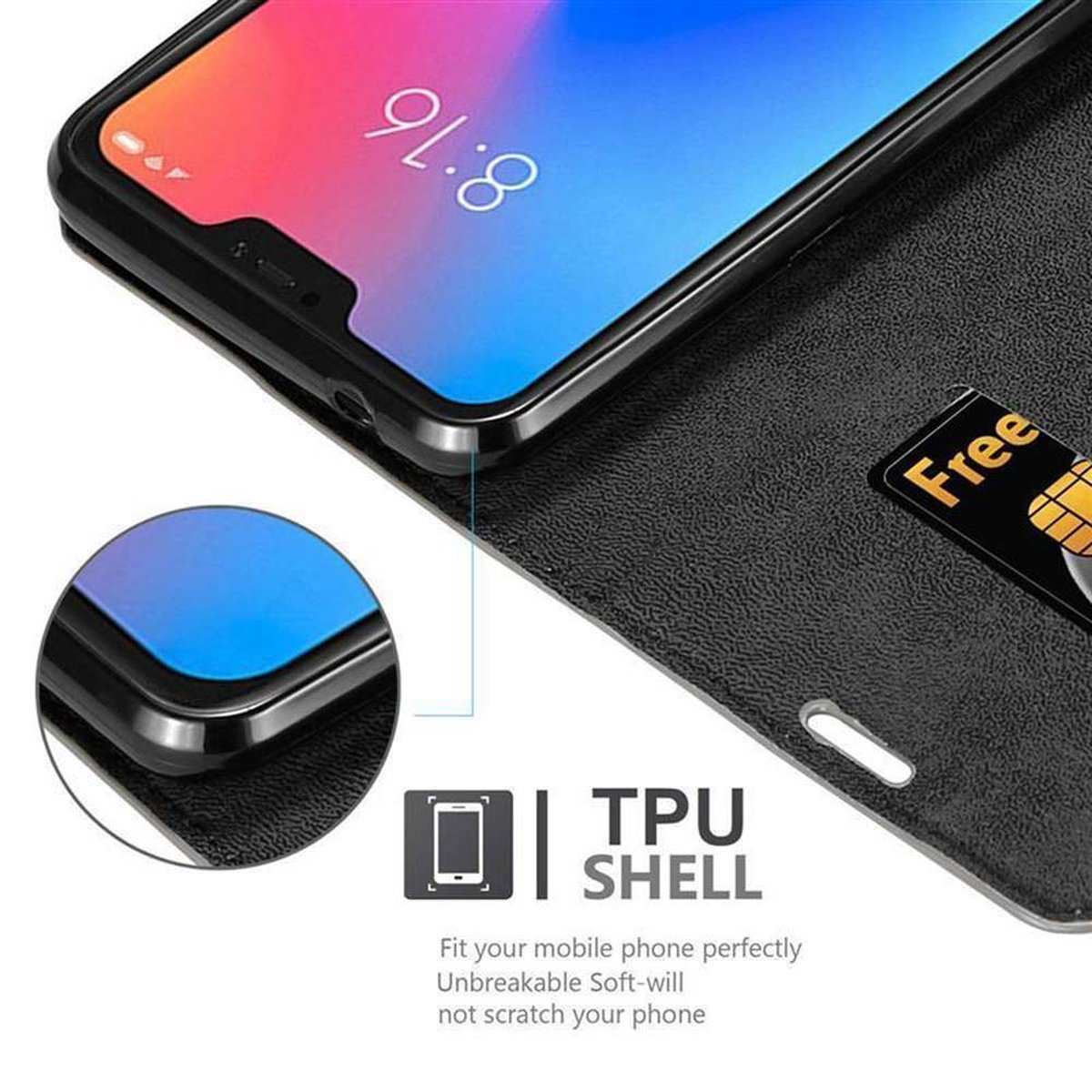 Primo piano di una custodia per telefono con fessura per carte. Il telefono ha uno schermo visibile con una carta.