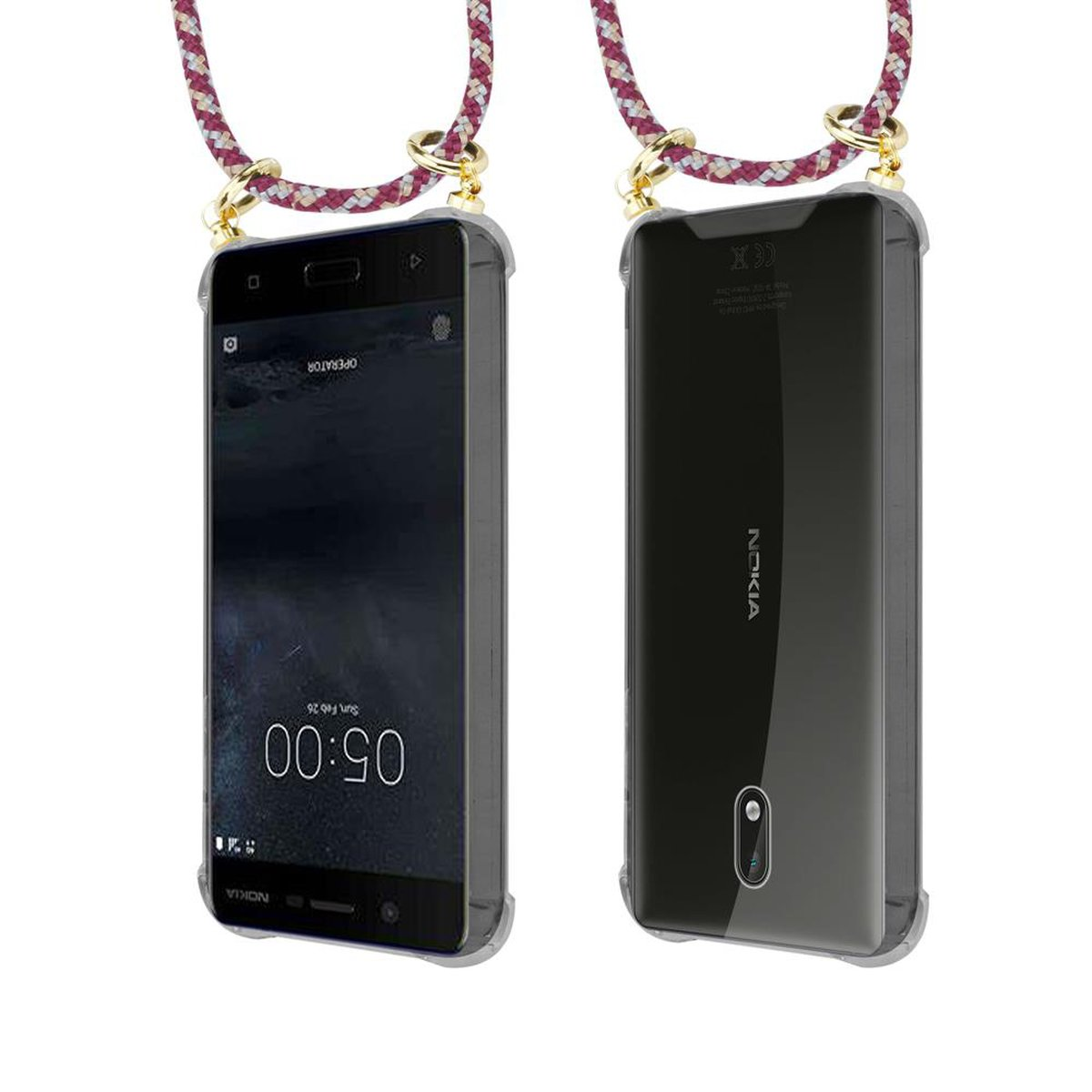 Nokia, abnehmbarer Kordel Backcover, 2017, WEIß mit ROT Band GELB Ringen, Gold CADORABO Kette 3 Handy Hülle, und