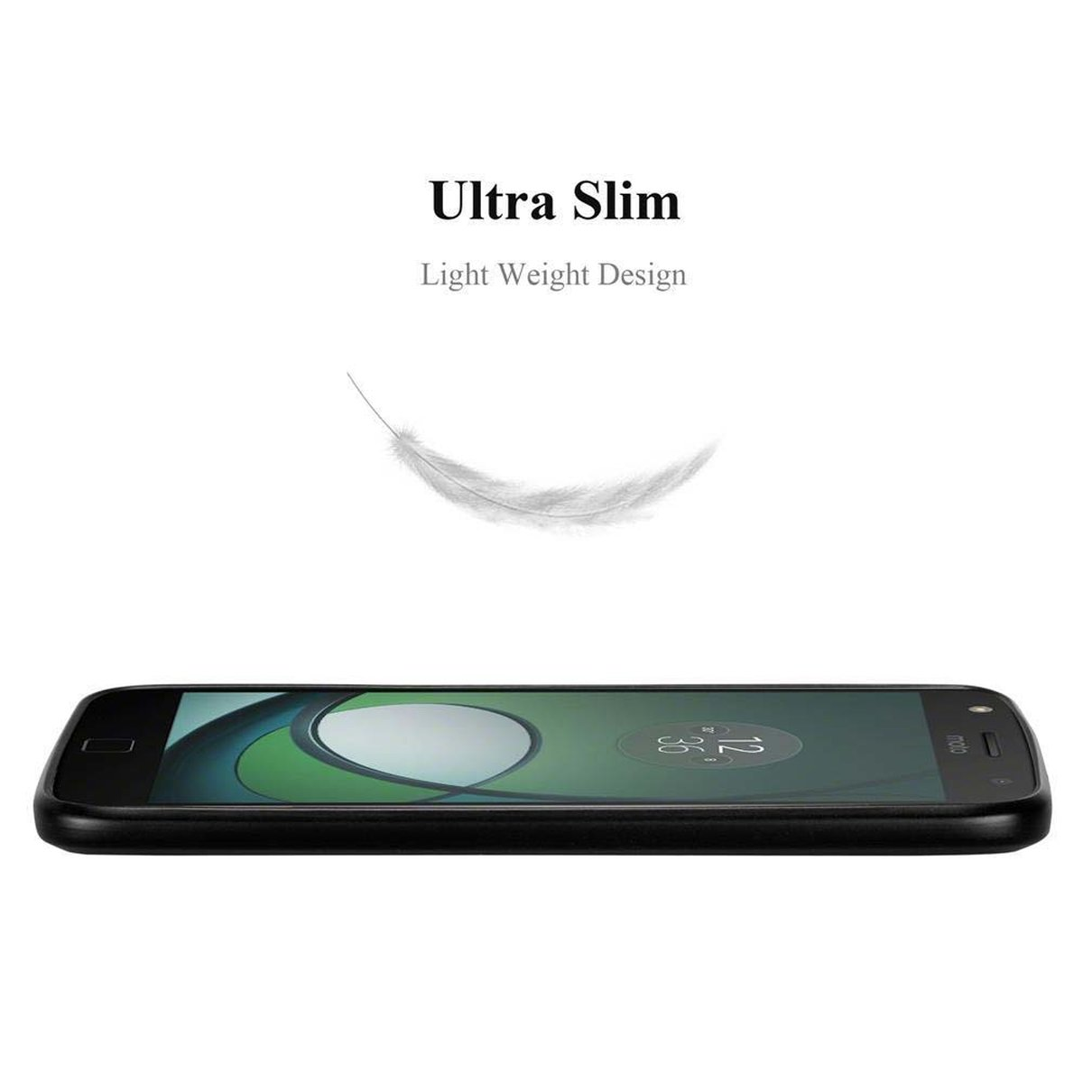 Smartphone nero. Grafica piuma bianca sopra. Testo: Ultra Slim, Design leggero.