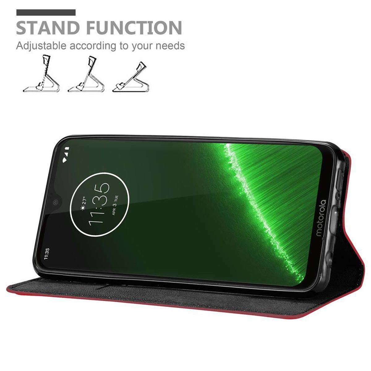 Un telefono in una custodia con funzione stand. Lo schermo mostra l'ora. La custodia è in posizione stand.