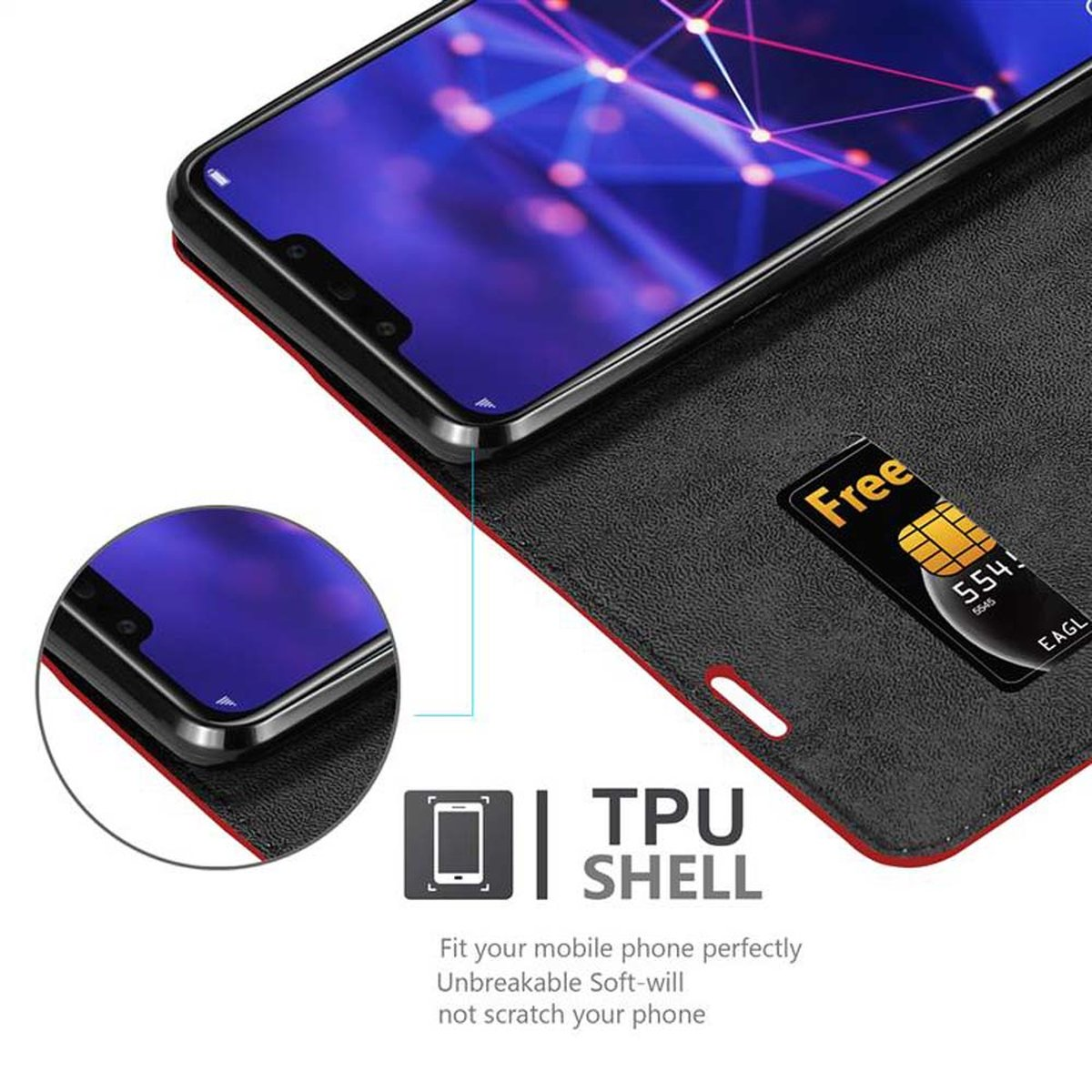 Telefon in einer Hülle. Schwarz, Rot und Gold. Enthält eine Karte. Details des Gehäuses werden angezeigt.