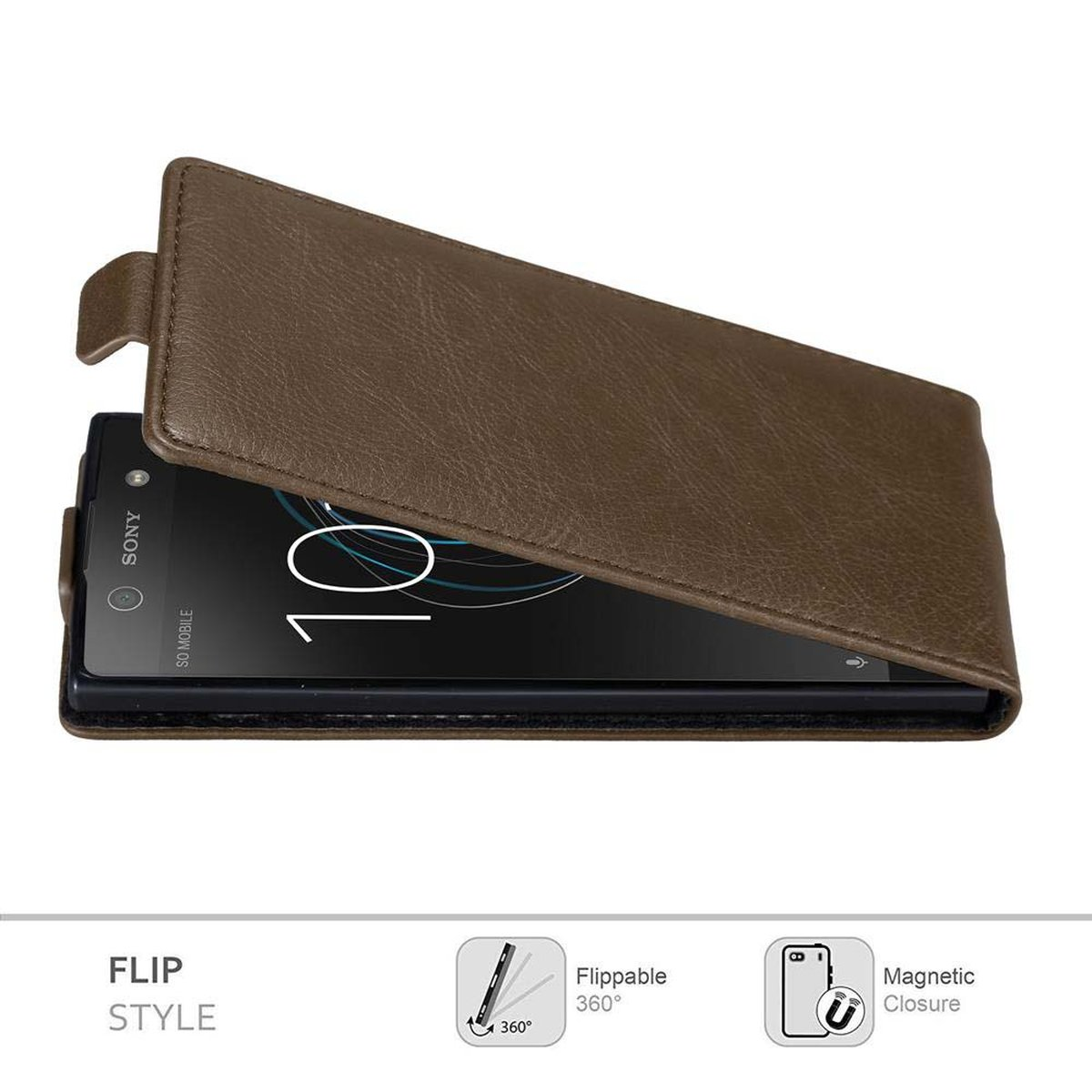 Custodia marrone aperta, che rivela un telefono nero. Design a ribalta con icone.