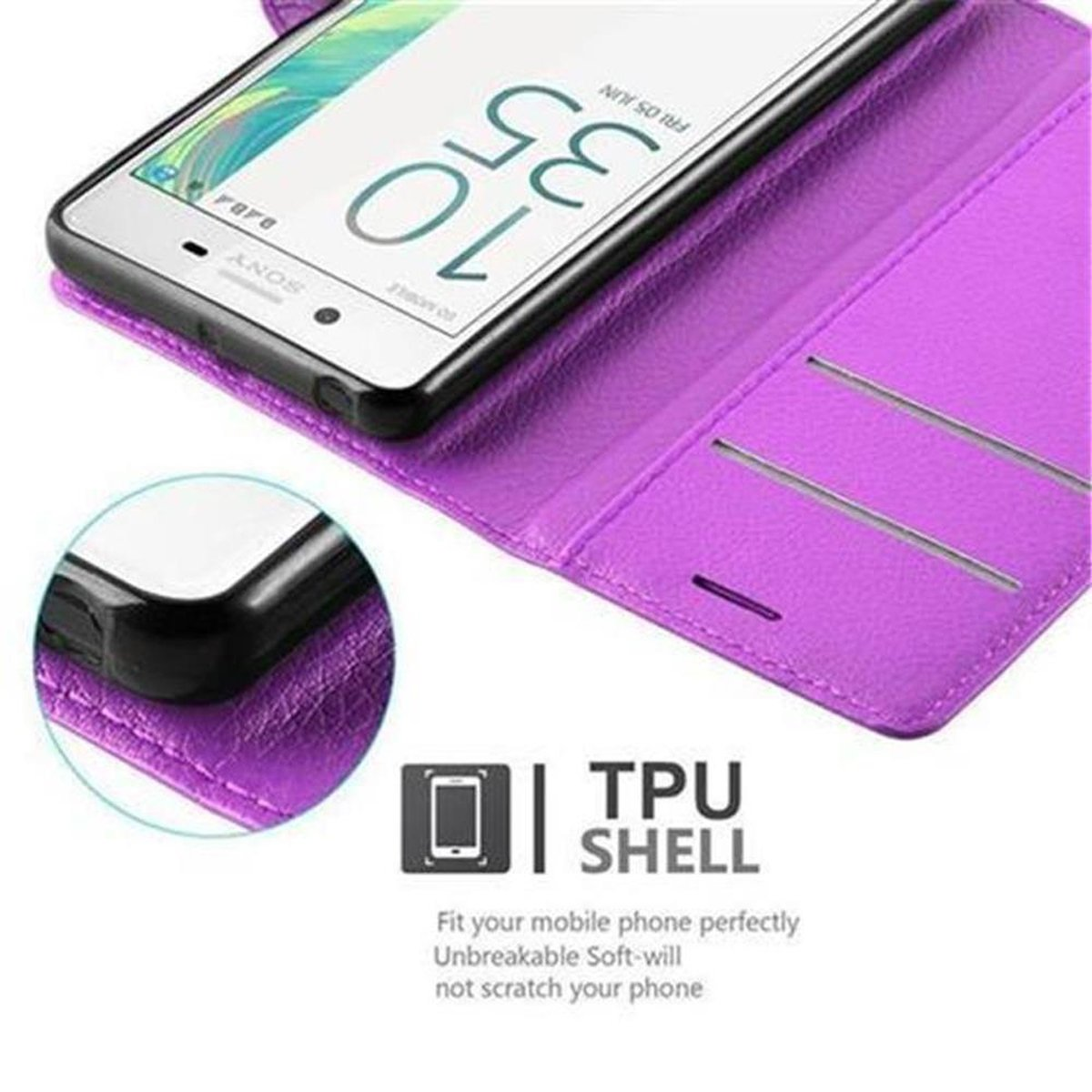 Custodia per telefono viola con un telefono all'interno. Il telefono mostra l'ora. Il testo dice TPU SHELL.