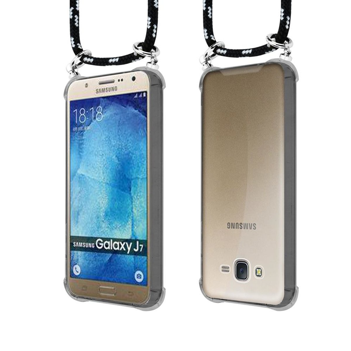 CADORABO Handy Kette Galaxy und Samsung, SCHWARZ Ringen, Kordel Band abnehmbarer mit Silber 2015, Hülle, J7 SILBER Backcover