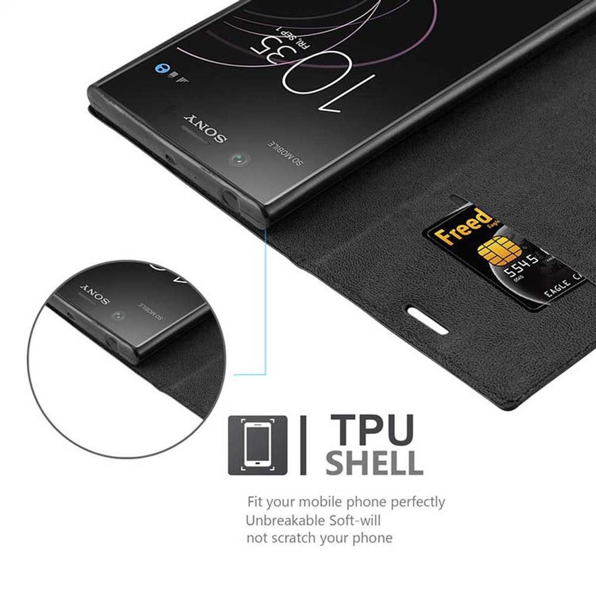 Custodia per telefono nera, un telefono è dentro. La custodia è aperta e angolata con uno slot per schede. Testo: Guscio TPU.