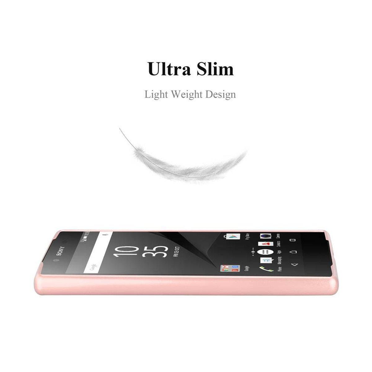 Telefono rosa su sfondo bianco con grafica a forma di piuma. Il testo recita: Ultra Slim, Light Weight Design.